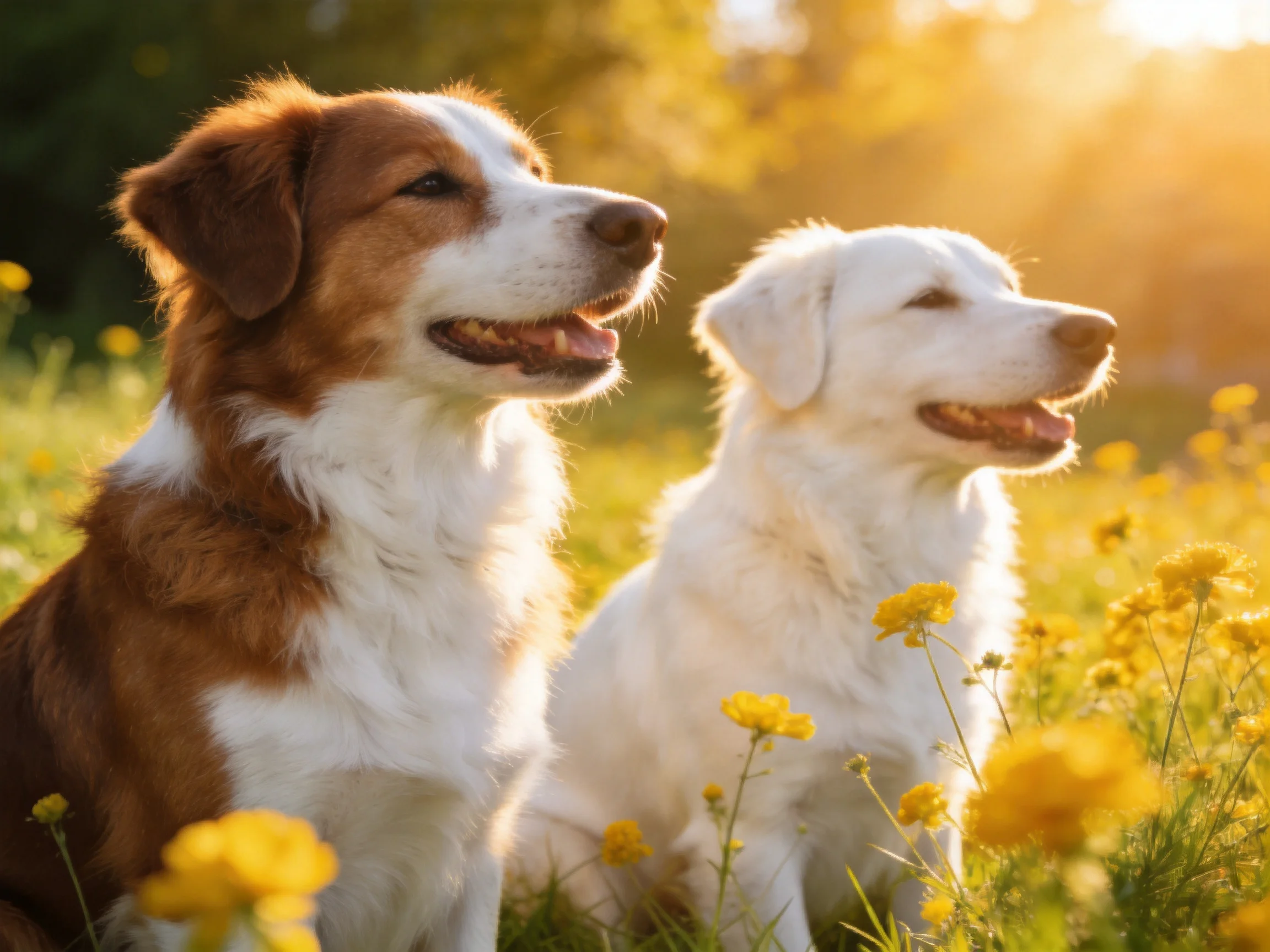 Two dogs sit together in a sunlit field with yellow flowers.