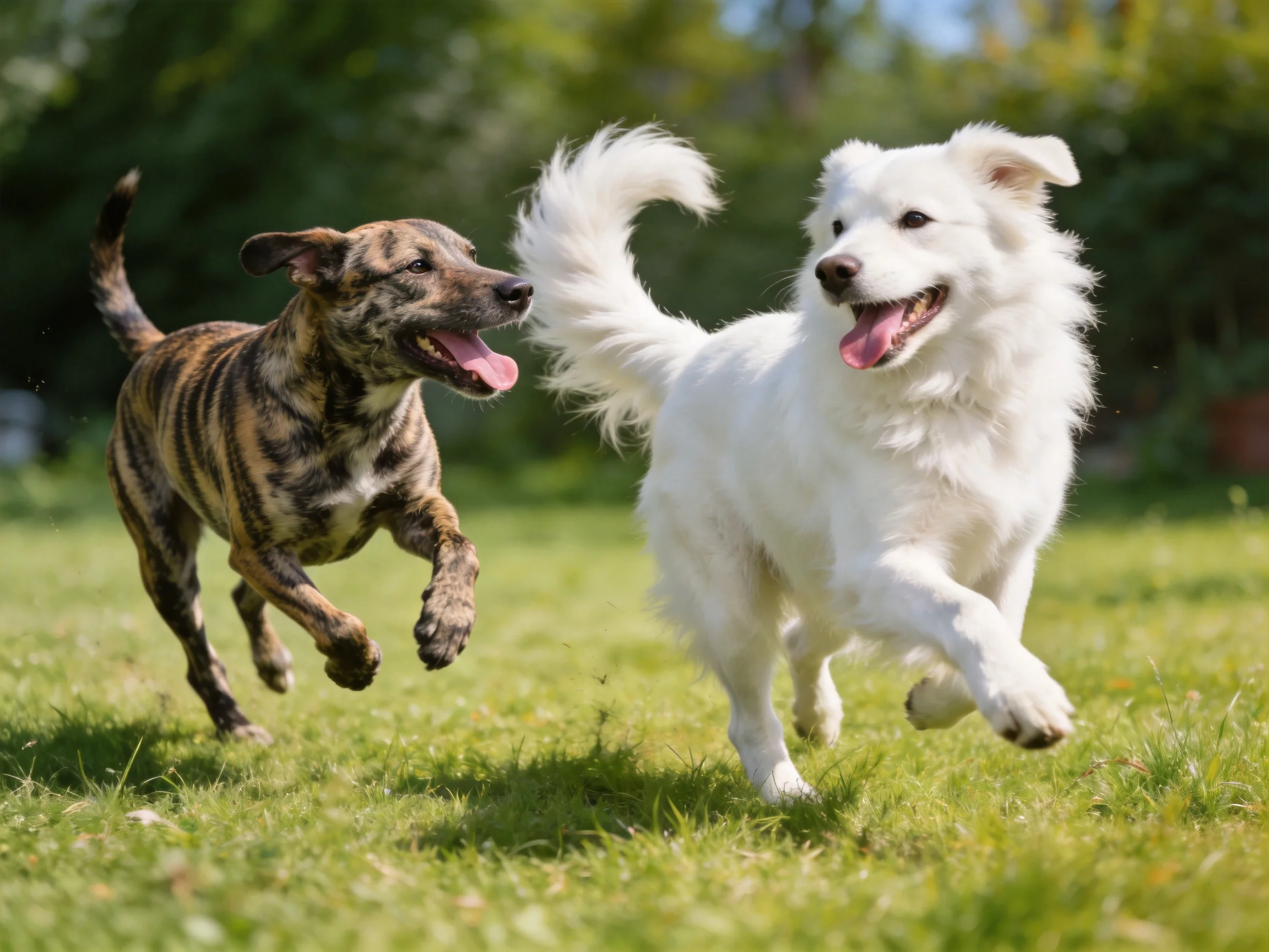 Two dogs—one brown brindle, one white fluffy—run joyfully on a grassy area.