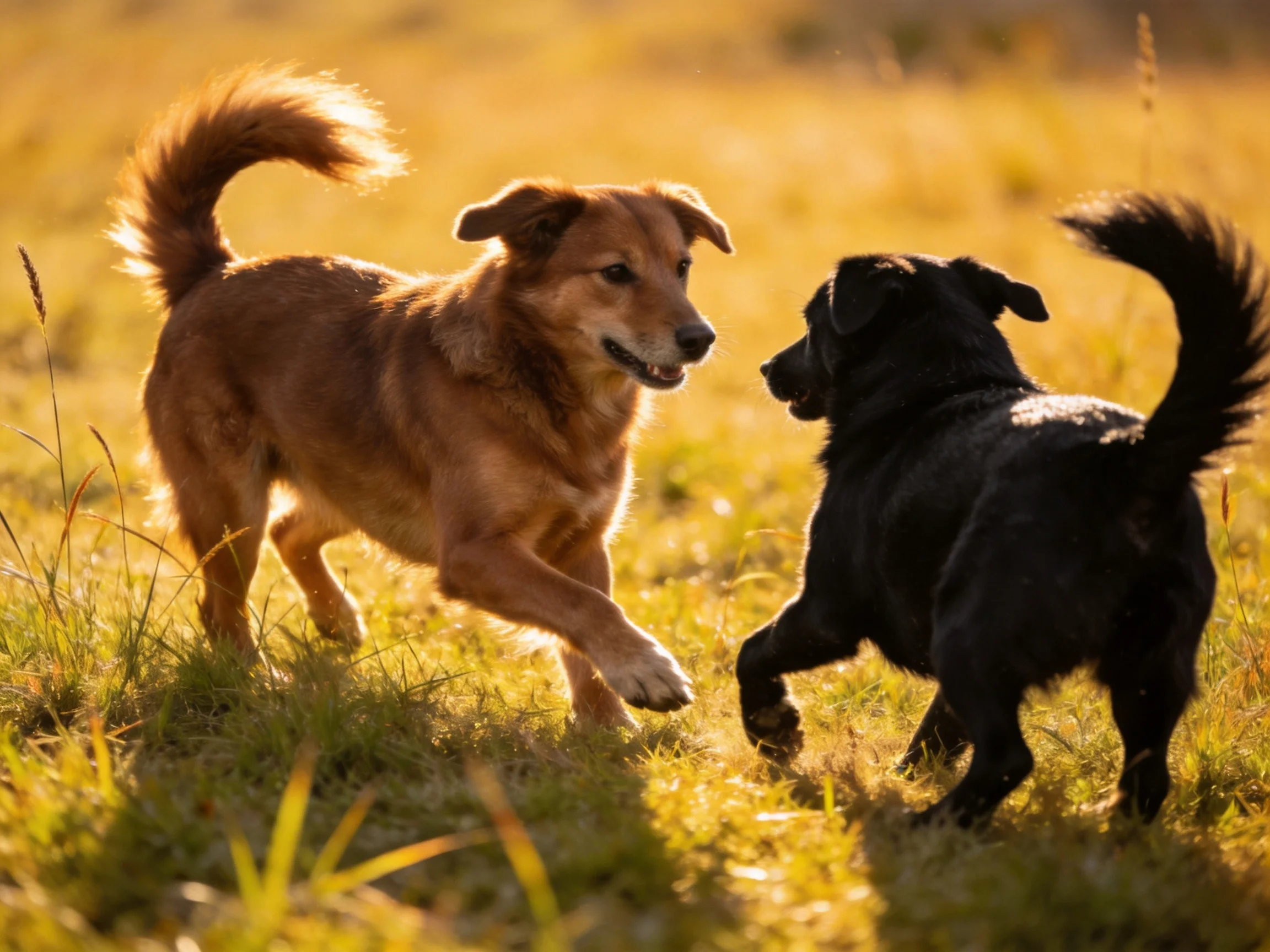 Two dogs—one brown, one black—play in a sunlit grassy field
