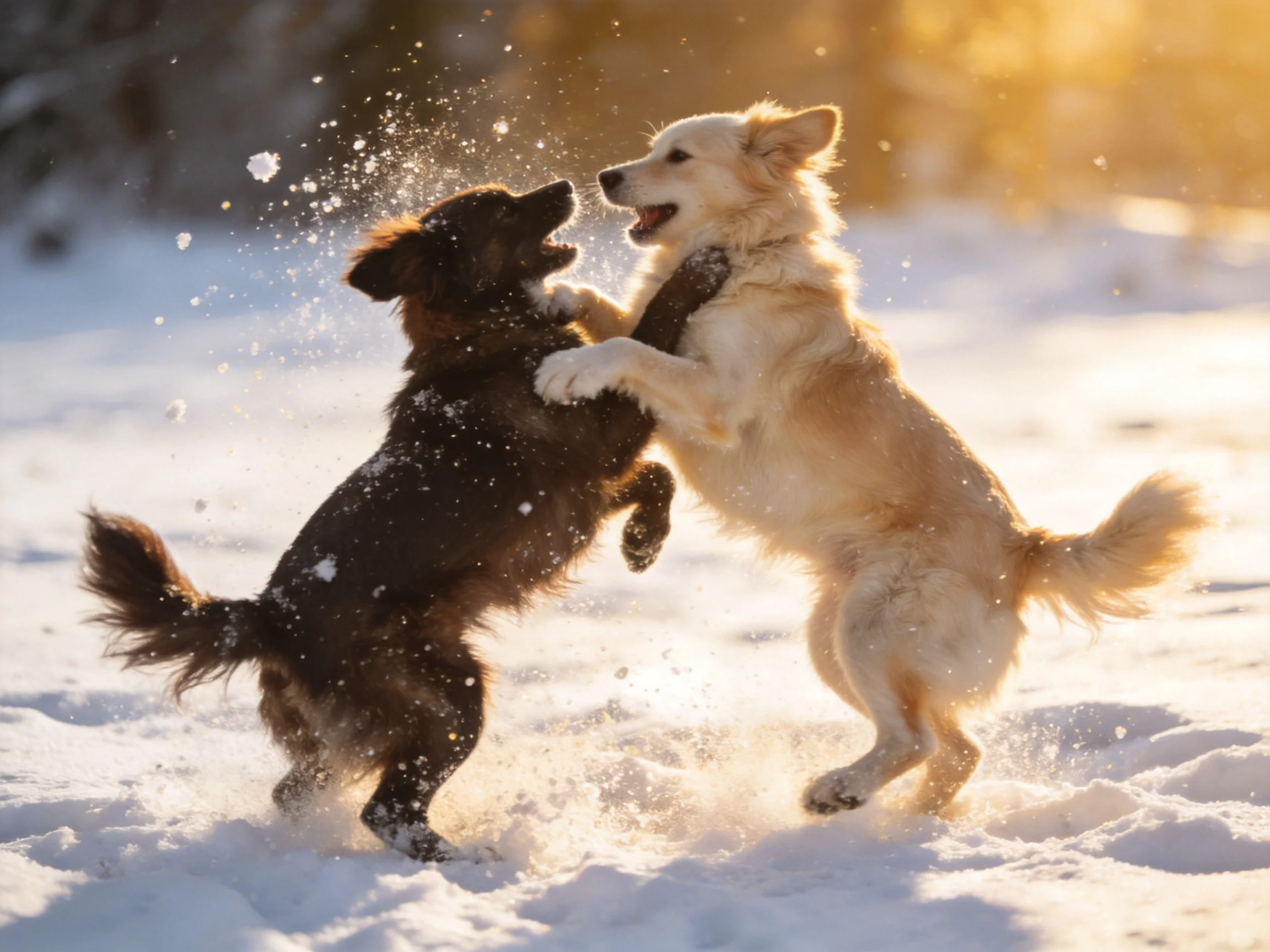 Two dogs—one brown, one cream—play in sunlit snow