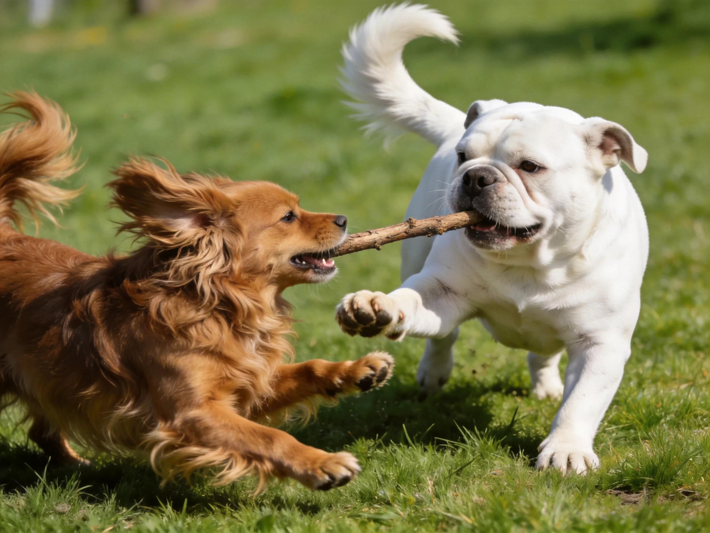 Two dogs—one brown, one white—tug a stick on grass
