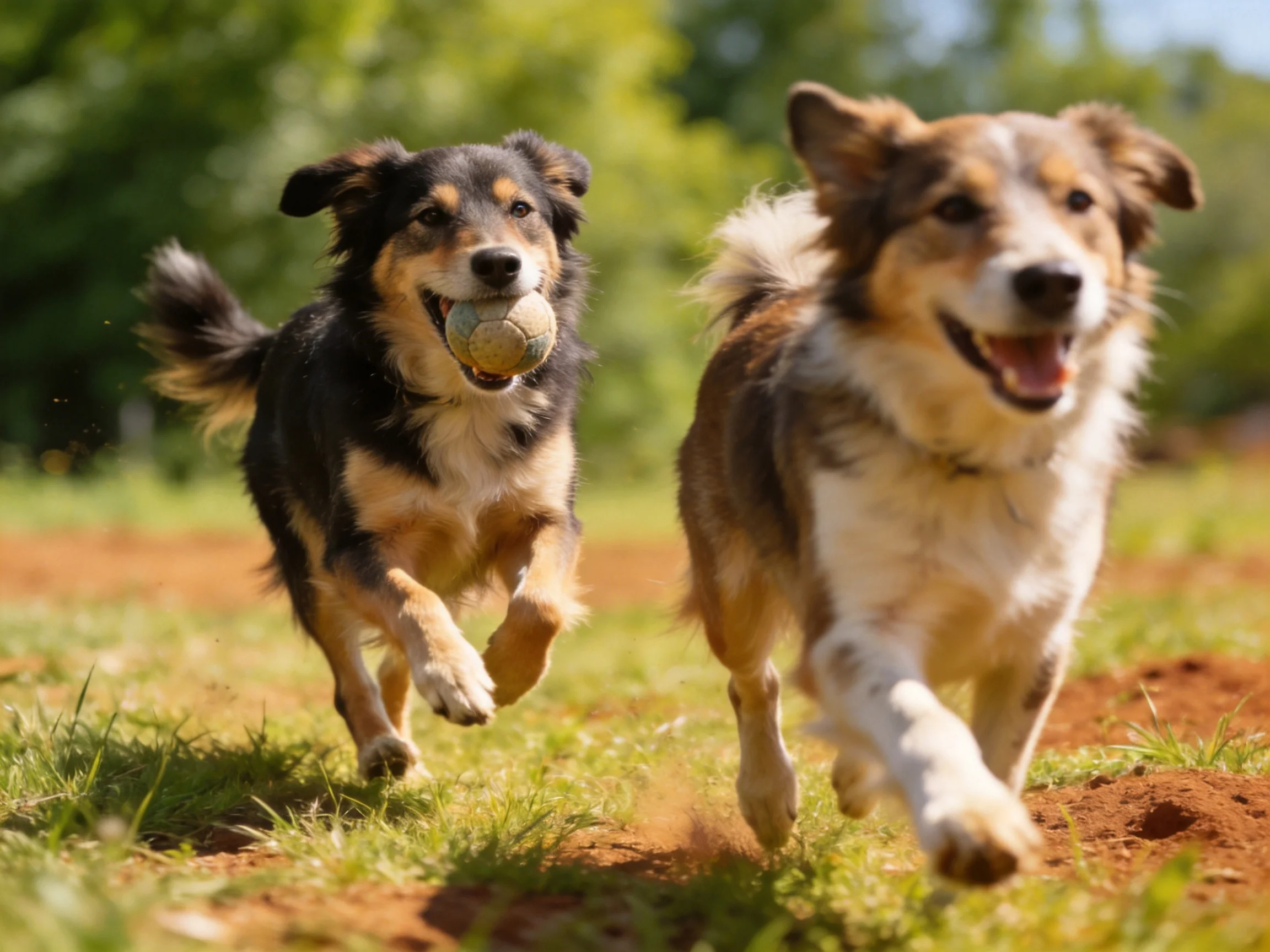Two dogs, one carrying a tennis ball, run joyfully in a sunny field