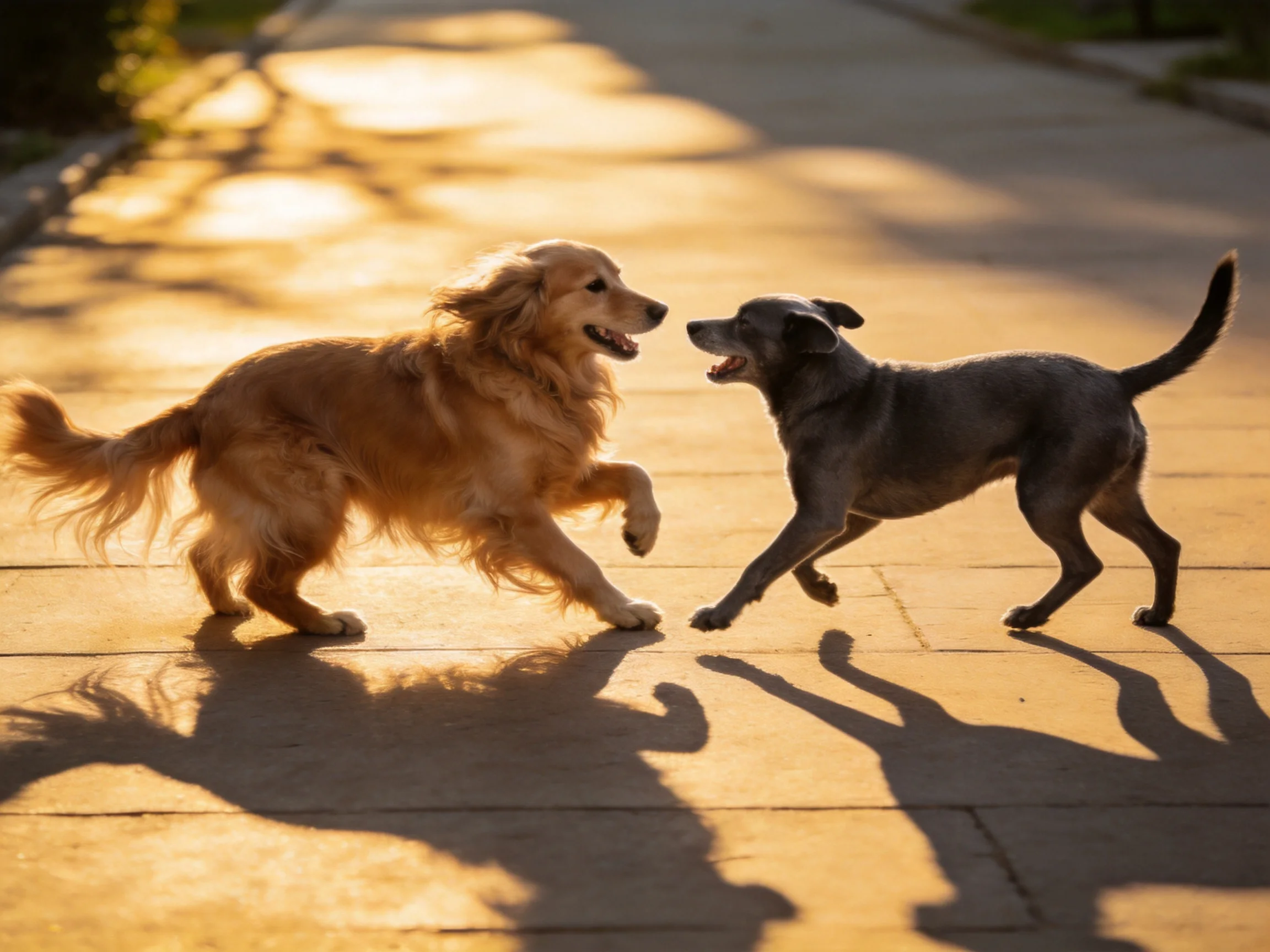 Two dogs interact playfully on a sunlit pavement