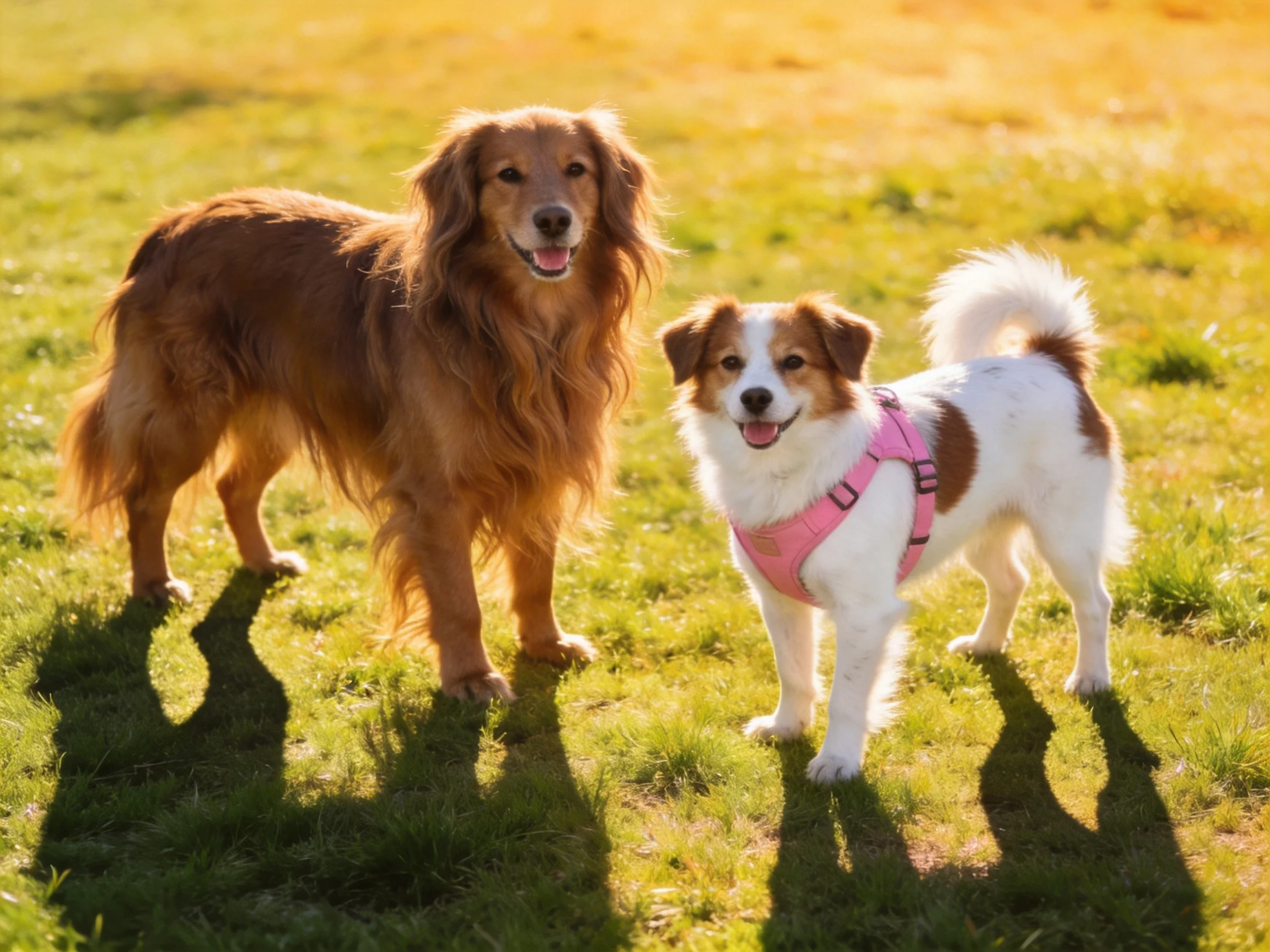Two dogs, one golden retriever mix and one small dog with a pink harness, stand together on sunlit grass.