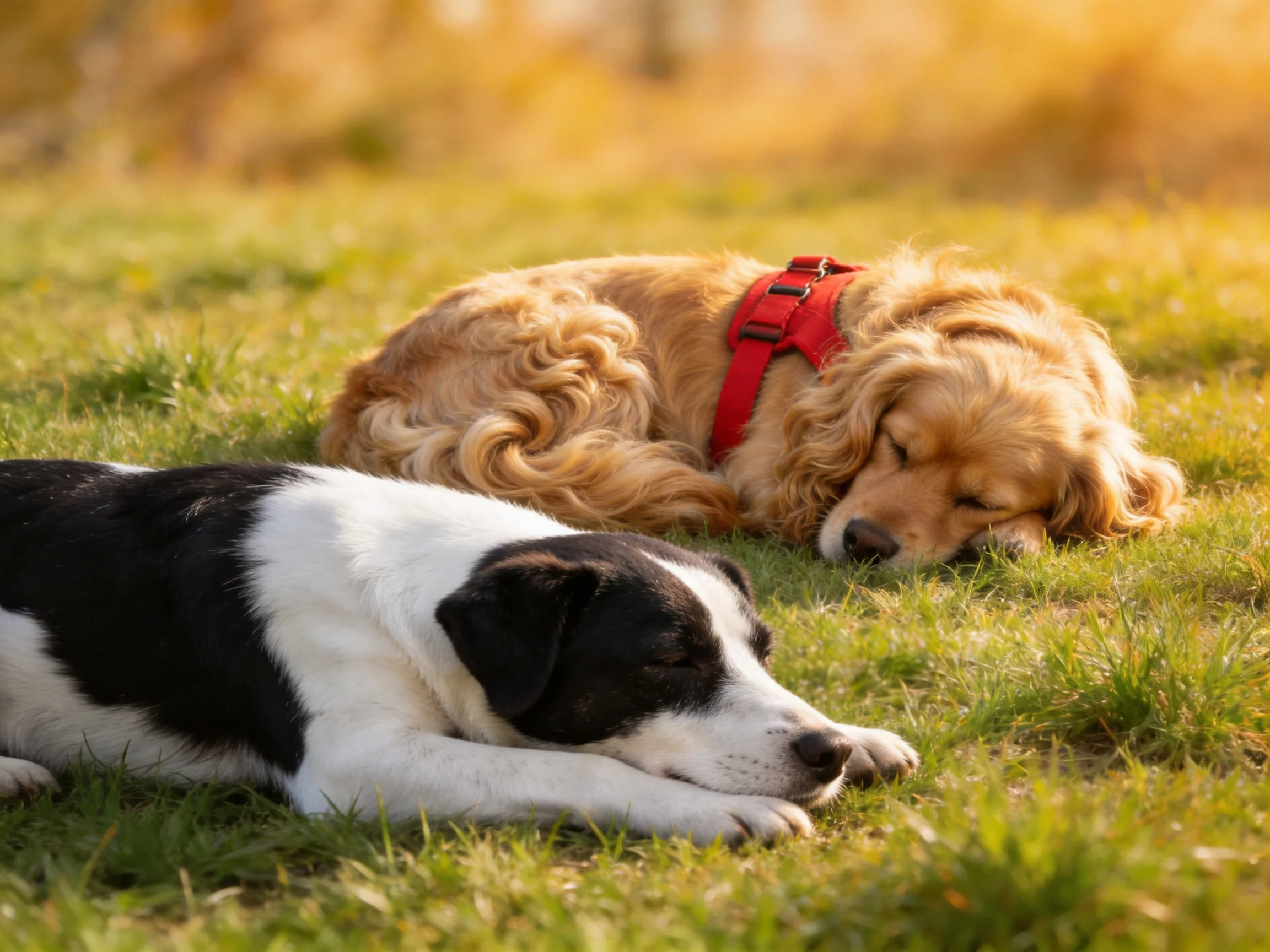 Two dogs, one golden with red harness, one black and white, relax on sunlit grass