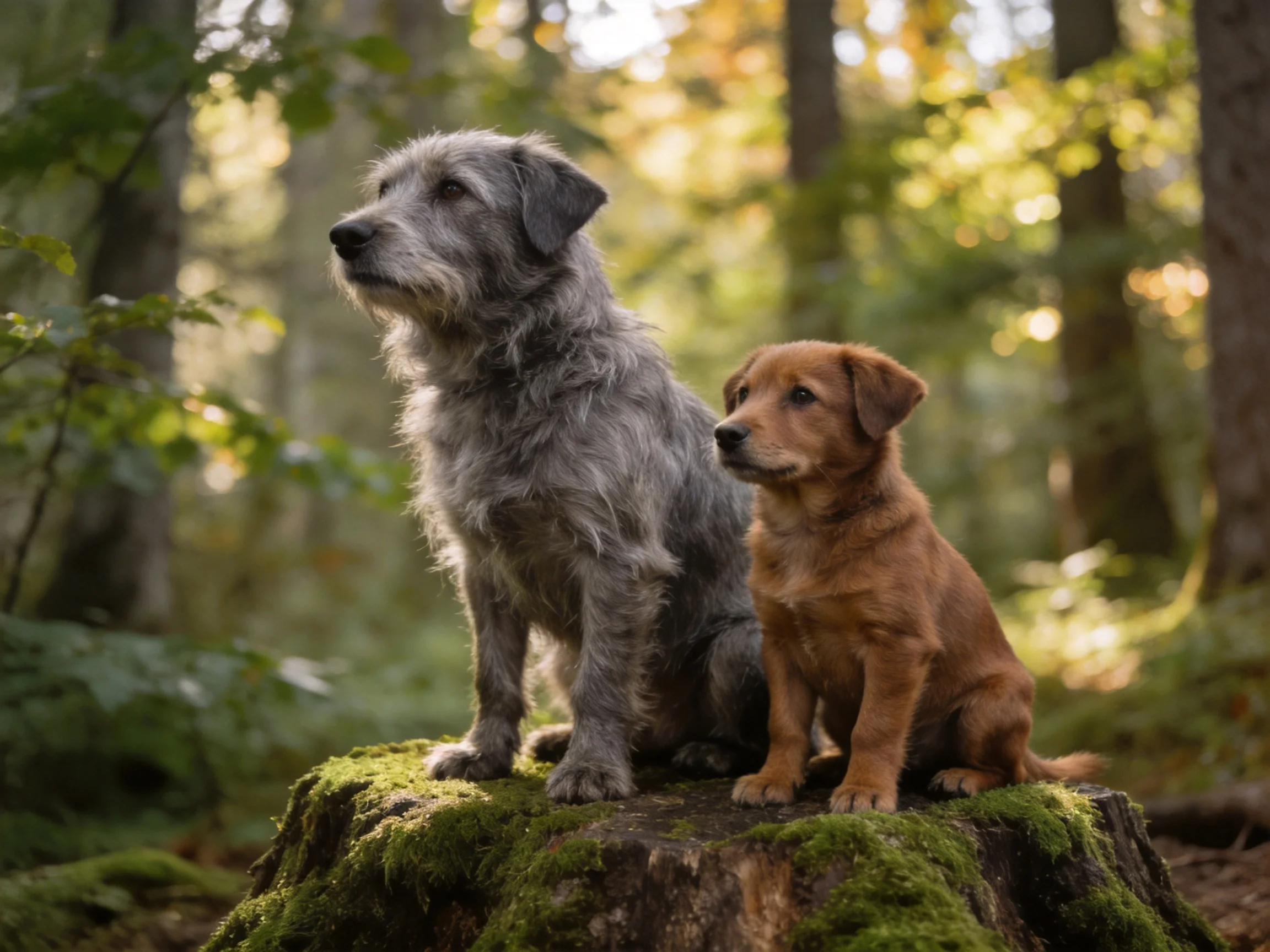 A gray dog and a brown puppy sit together on a mossy tree stump in a sunlit forest