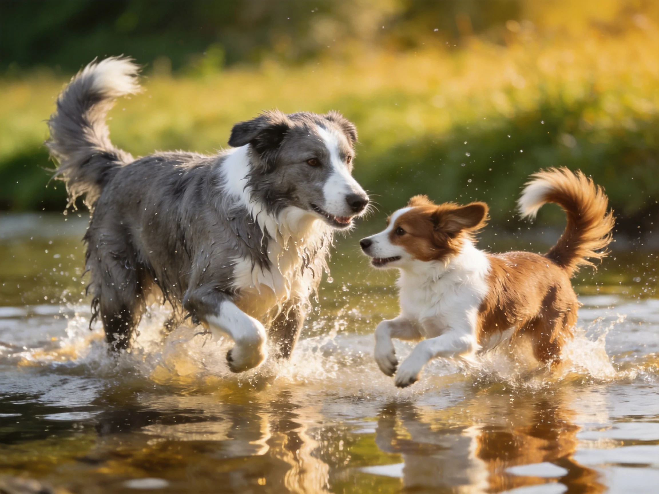 Two dogs—one gray and white, one brown and white—play in splashing water near greenery