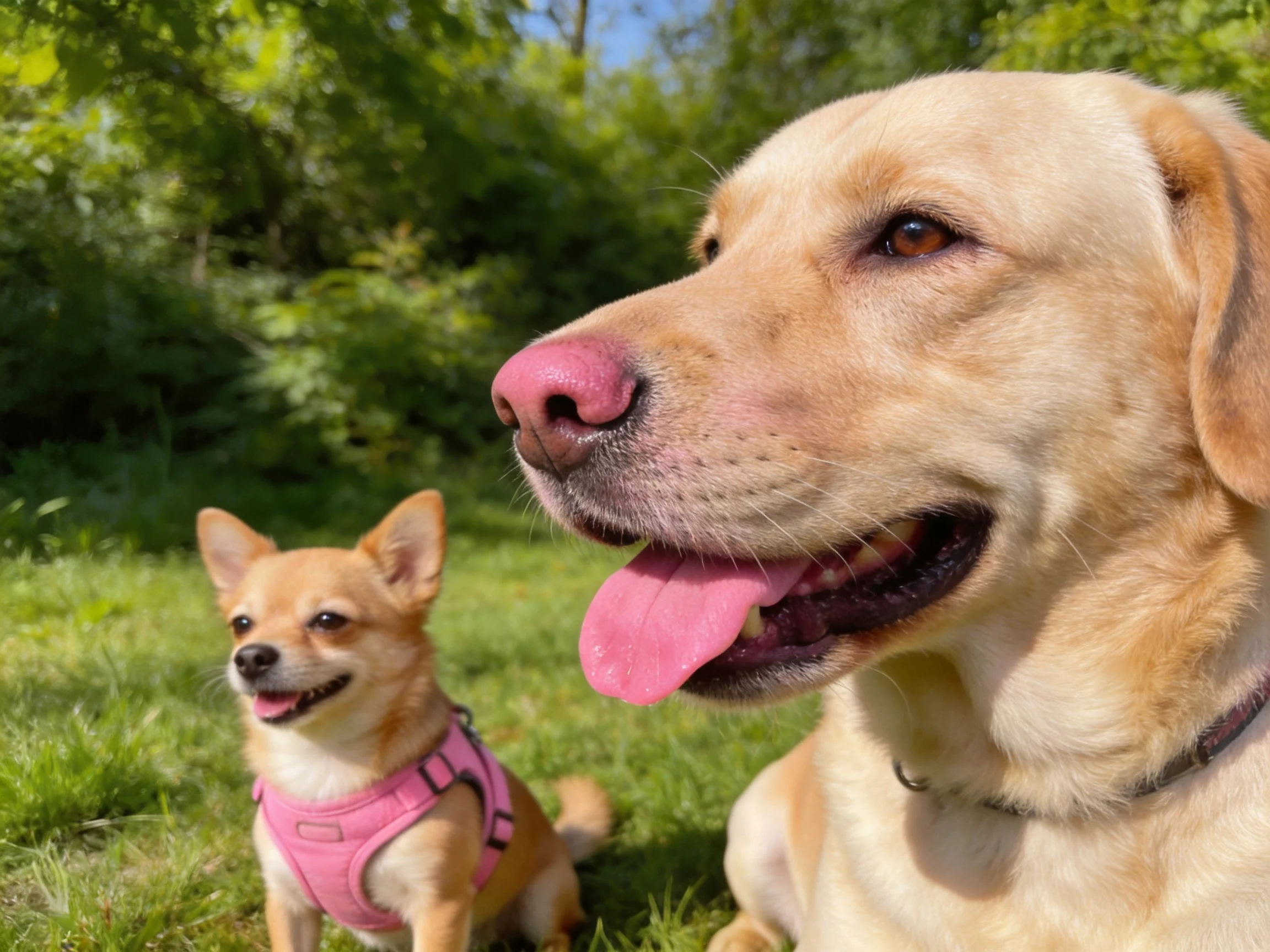 Two dogs, one large golden retriever and small tan dog in pink harness, relax on sunny grass