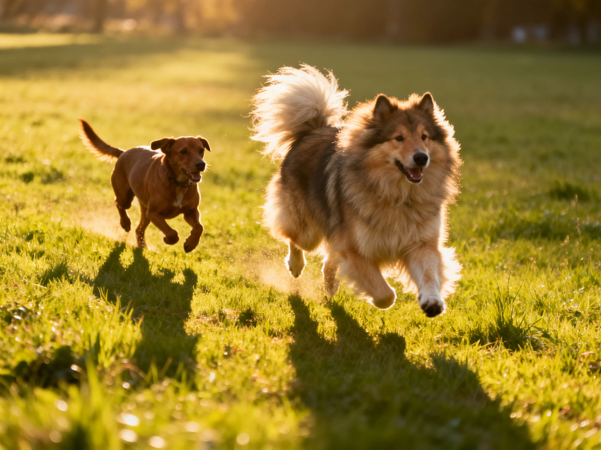 Two dogs—one small brown, one large fluffy—run through a sunlit grassy field