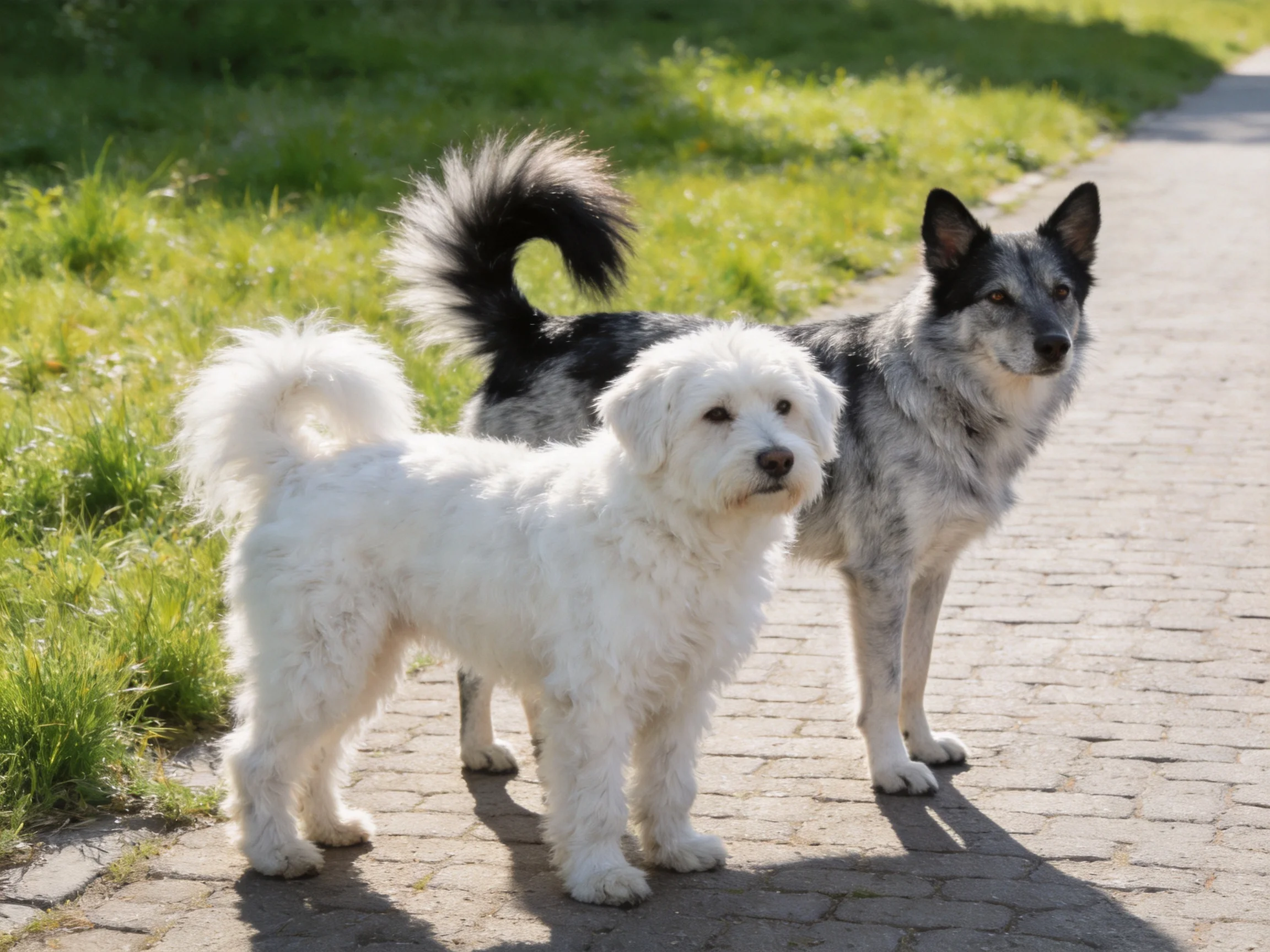 Two dogs of different colors stand on a brick path near green grass.