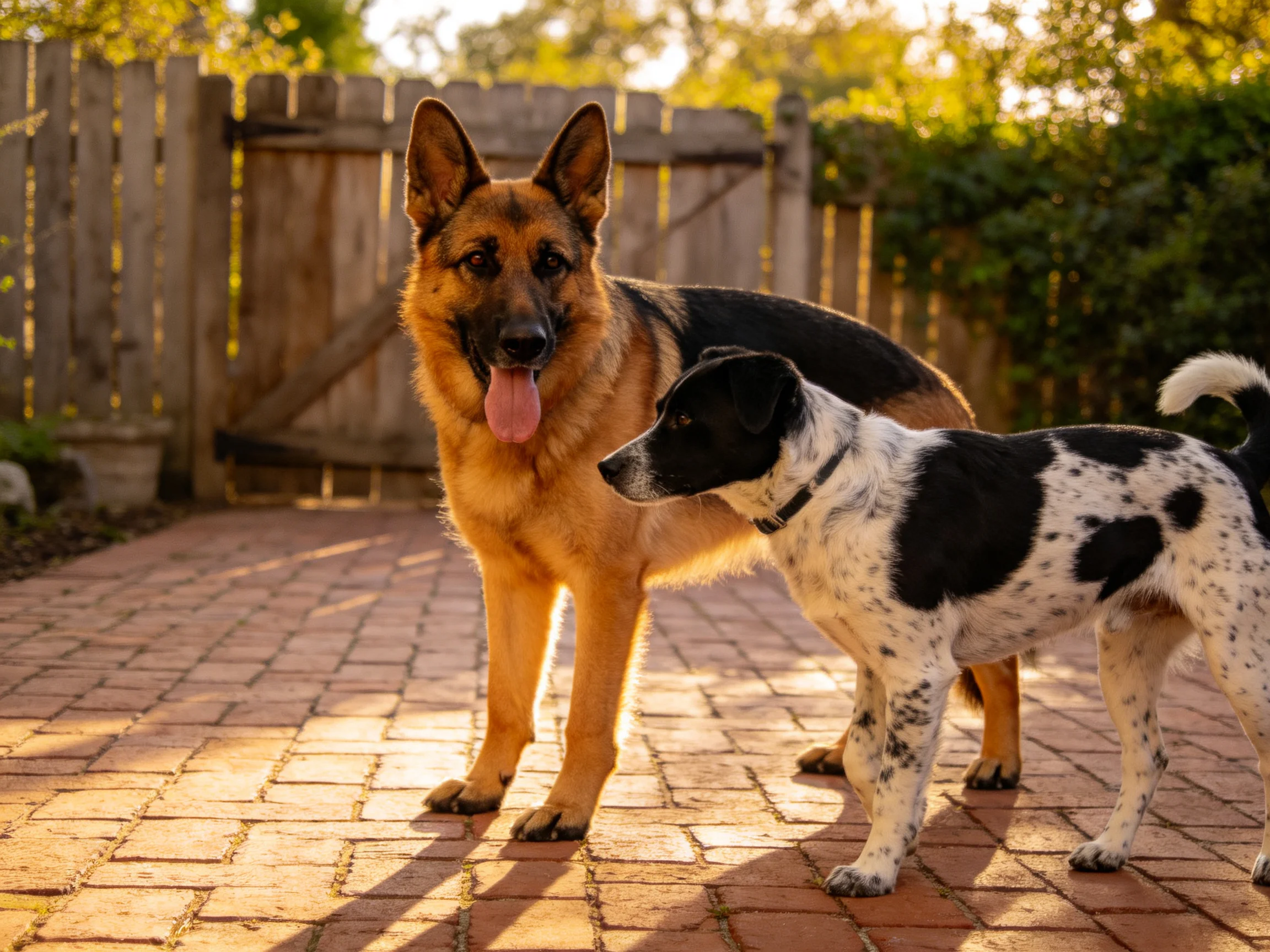 A tan German Shepherd and a black-and-white spotted dog stand together on a brick patio near a wooden fence.