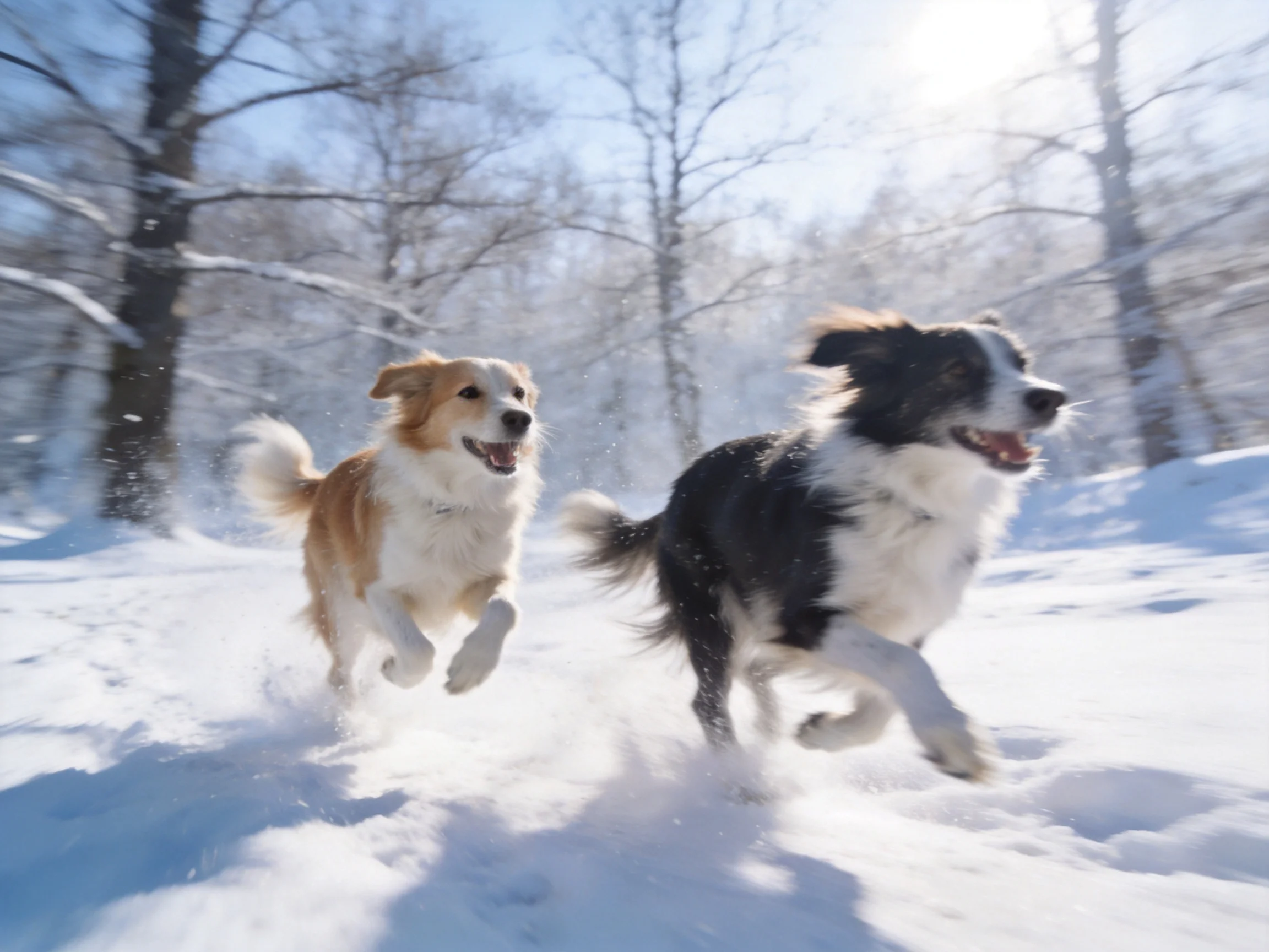 Two dogs—one tan and white, one black and white—run through a snowy forest