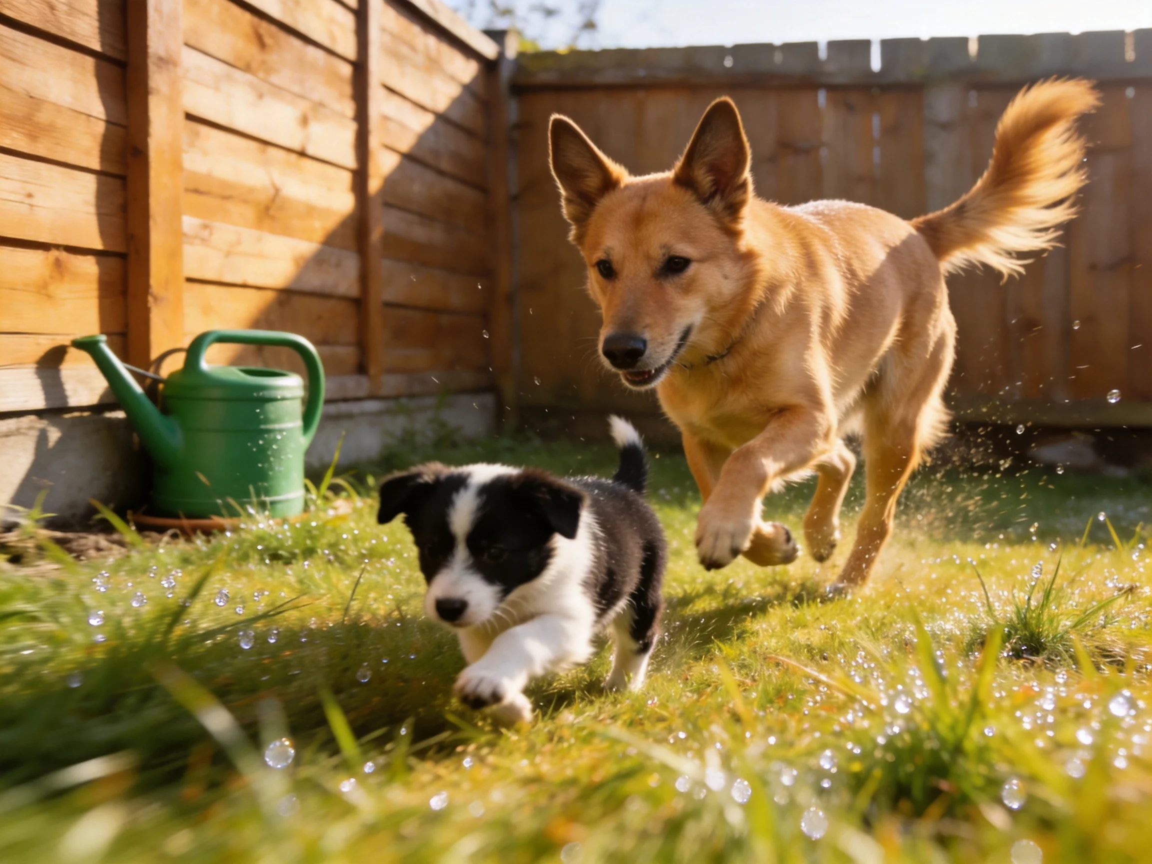 Two dogs—one tan, one black-and-white—run through a sunlit backyard with grass and a wooden fence