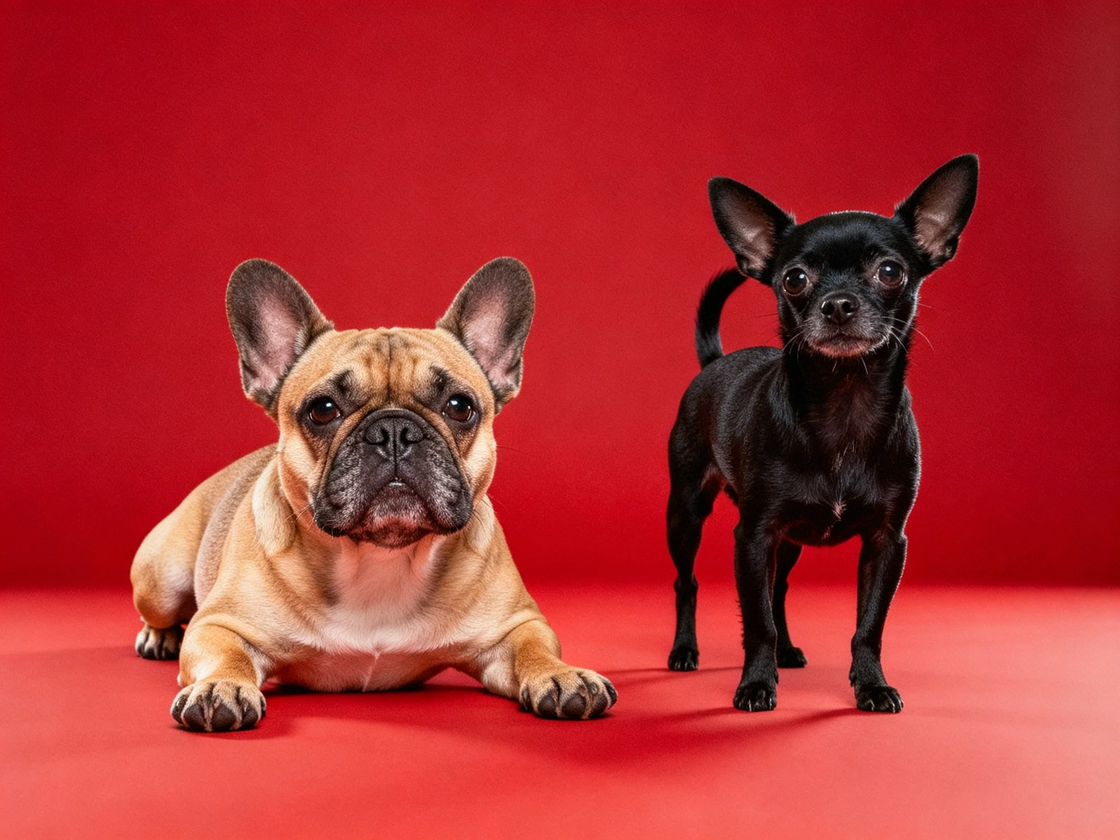 Two dogs—one tan, one black—posed on a red surface