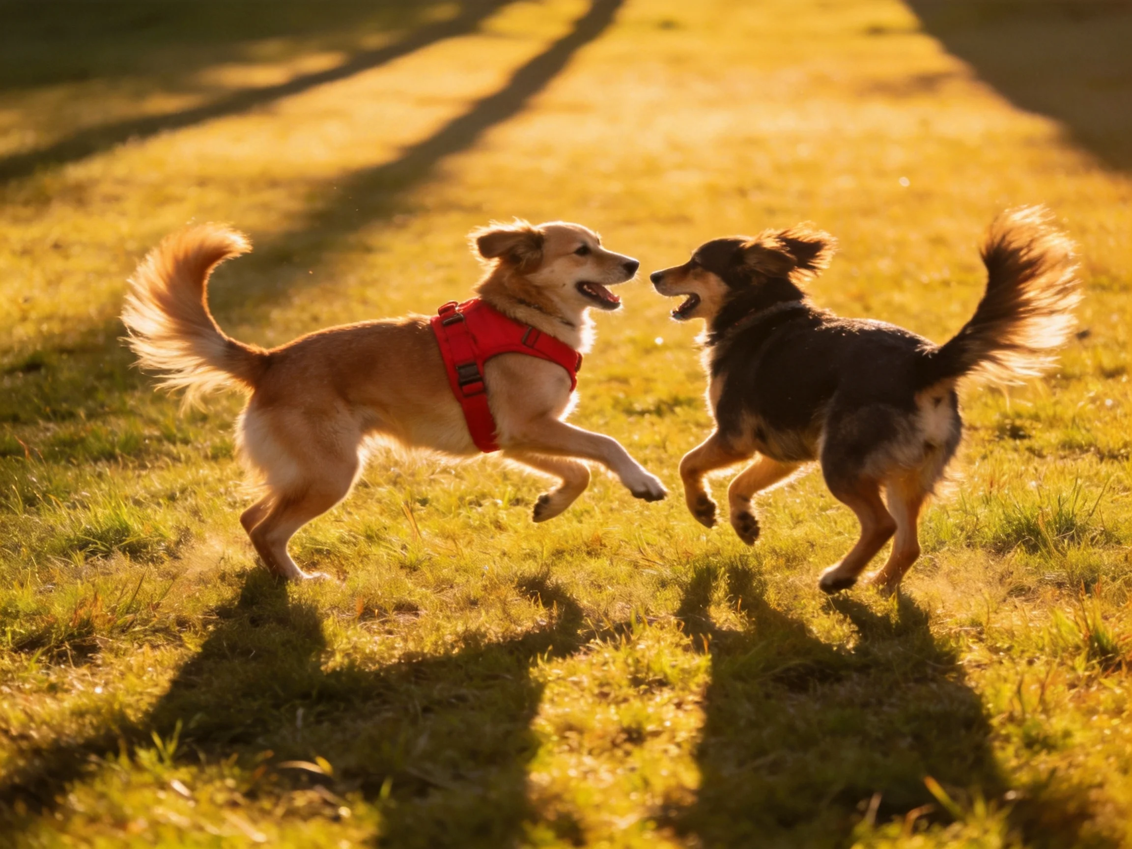 Two dogs, one tan with red harness, one dark brown, play on sunlit grass