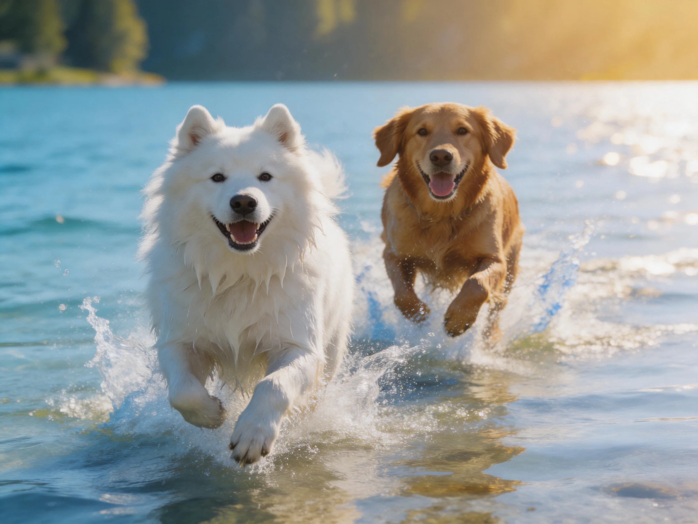 A white Samoyed and golden retriever run happily through shallow water near a lake