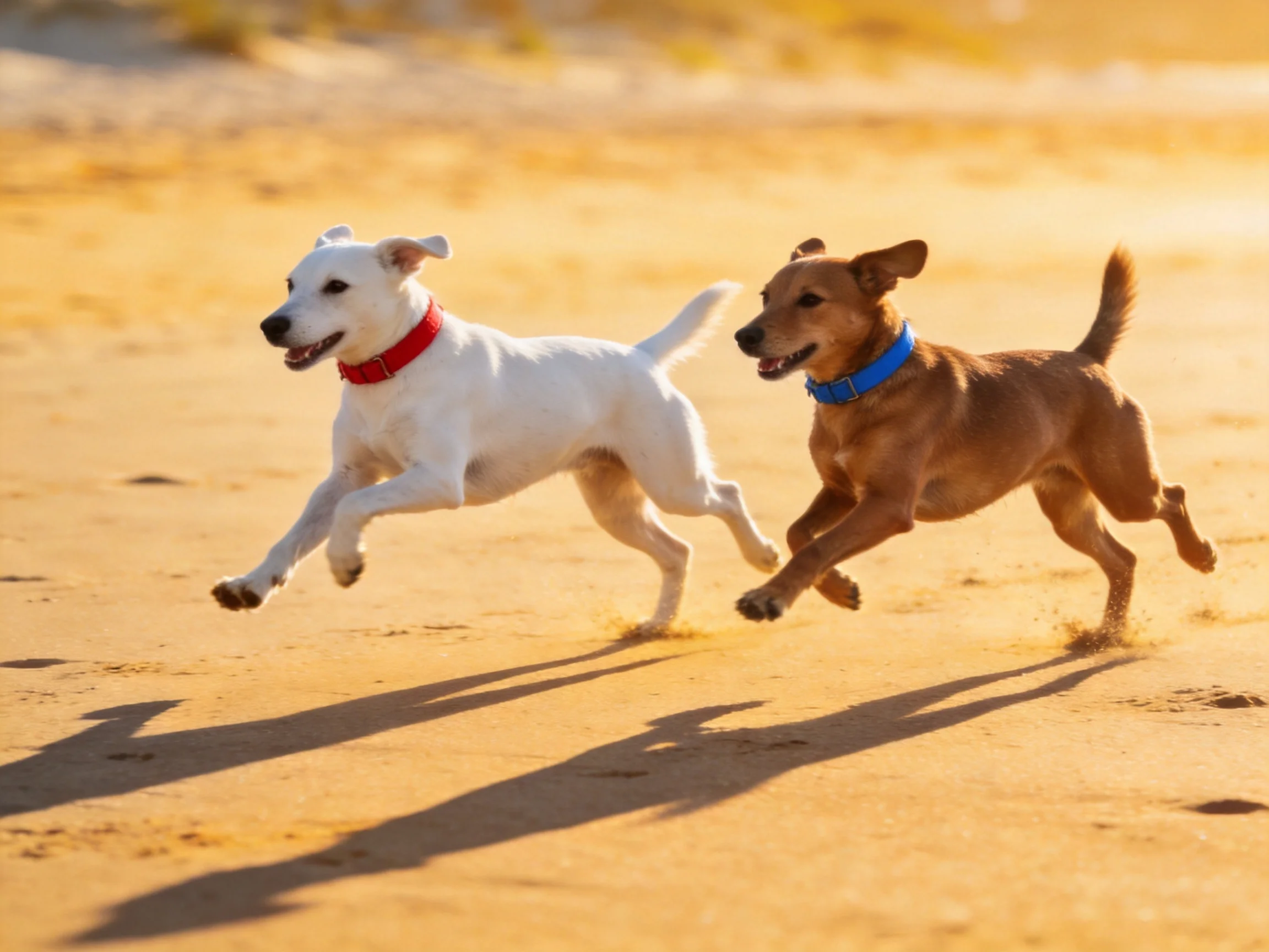 Two dogs run together on sandy ground in bright sunlight.