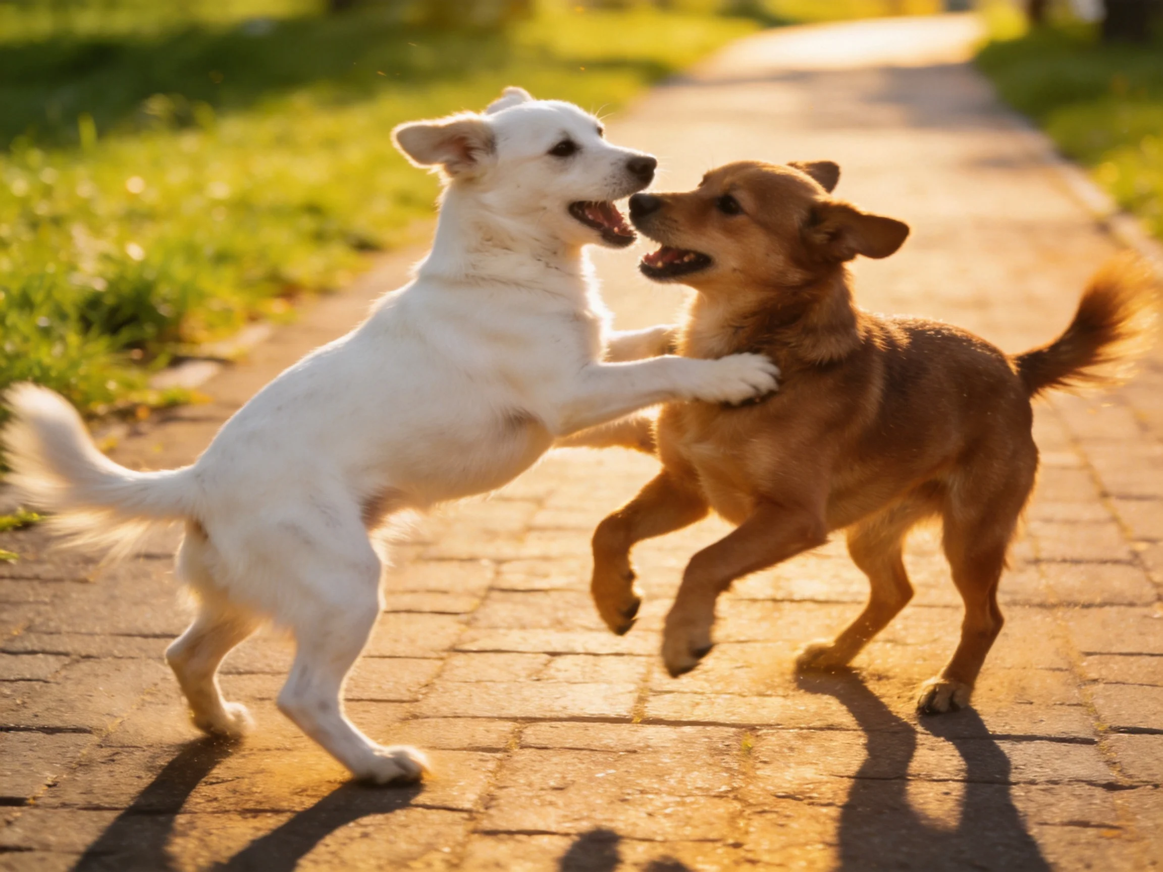 Two dogs play energetically on a sunlit brick path.