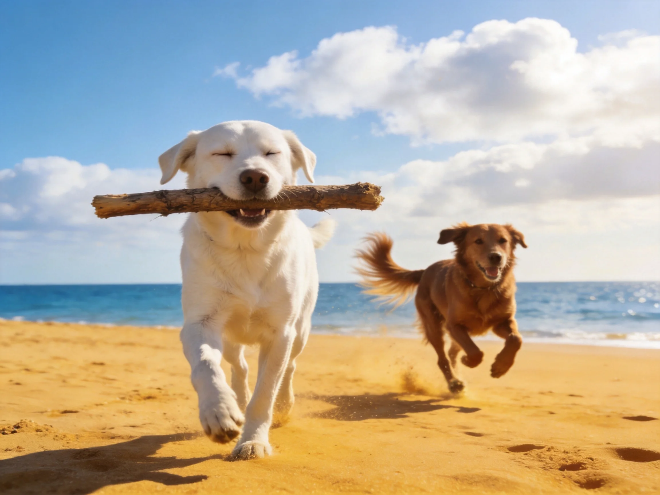 Two dogs run joyfully on a sandy beach near the ocean.