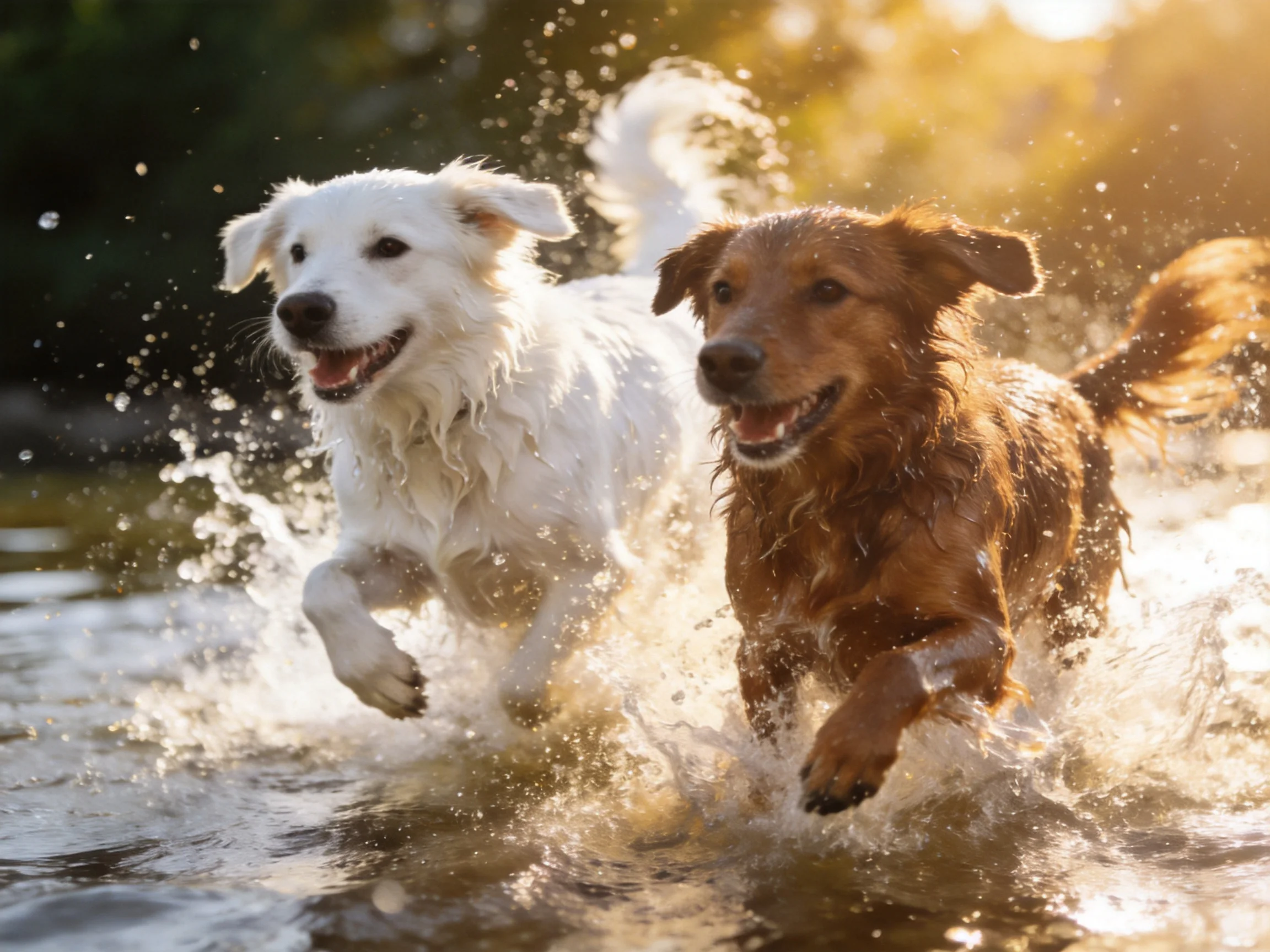 Two dogs, one white and one brown, dash through water in bright sunlight.