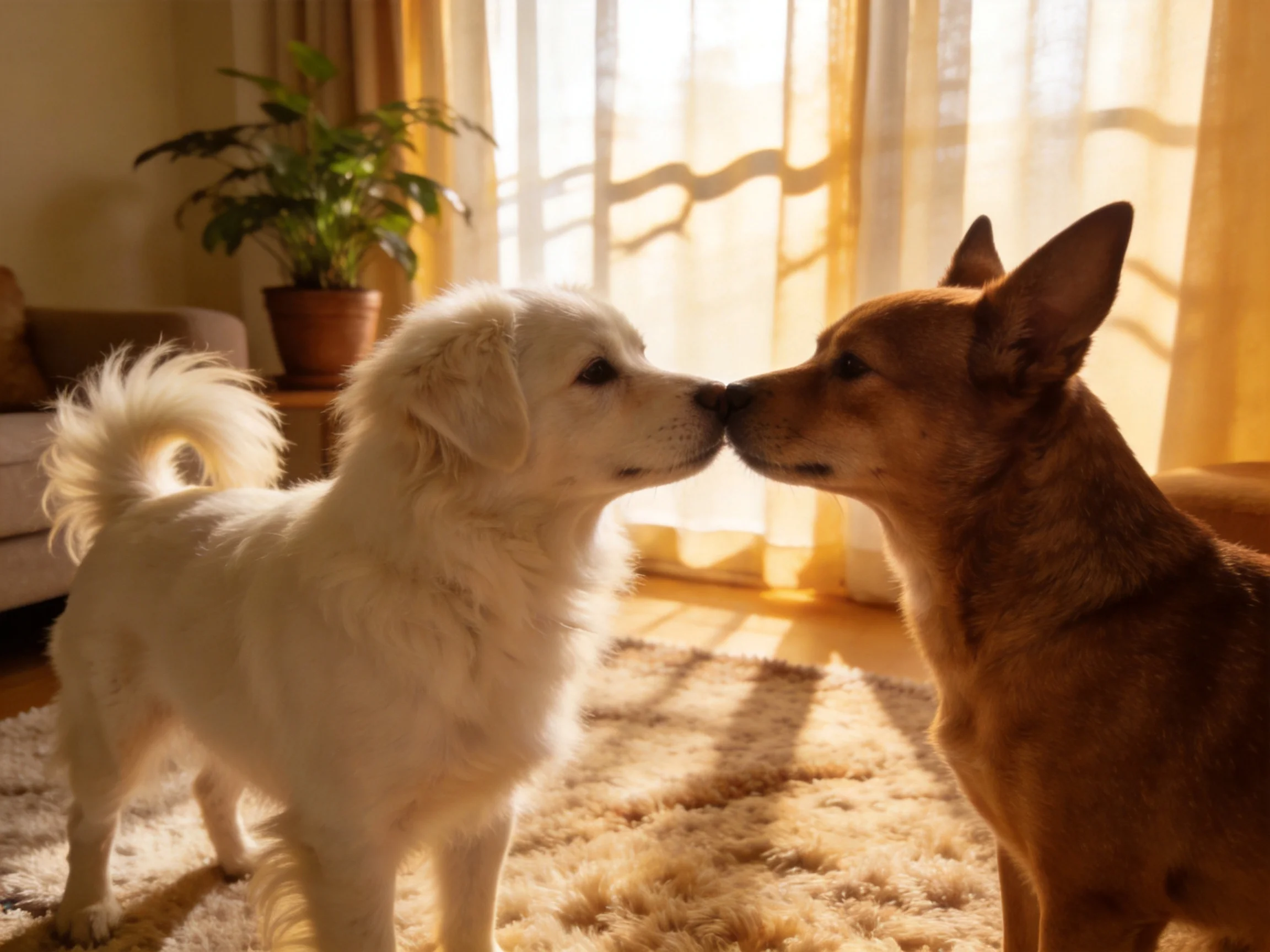 Two dogs nuzzle together in a sunlit living room