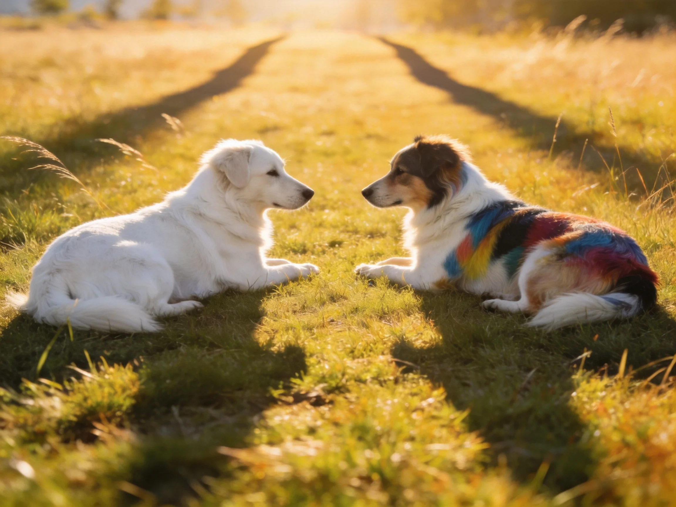 Two dogs—one white and one multicolored—sit facing each other in a sunlit meadow.