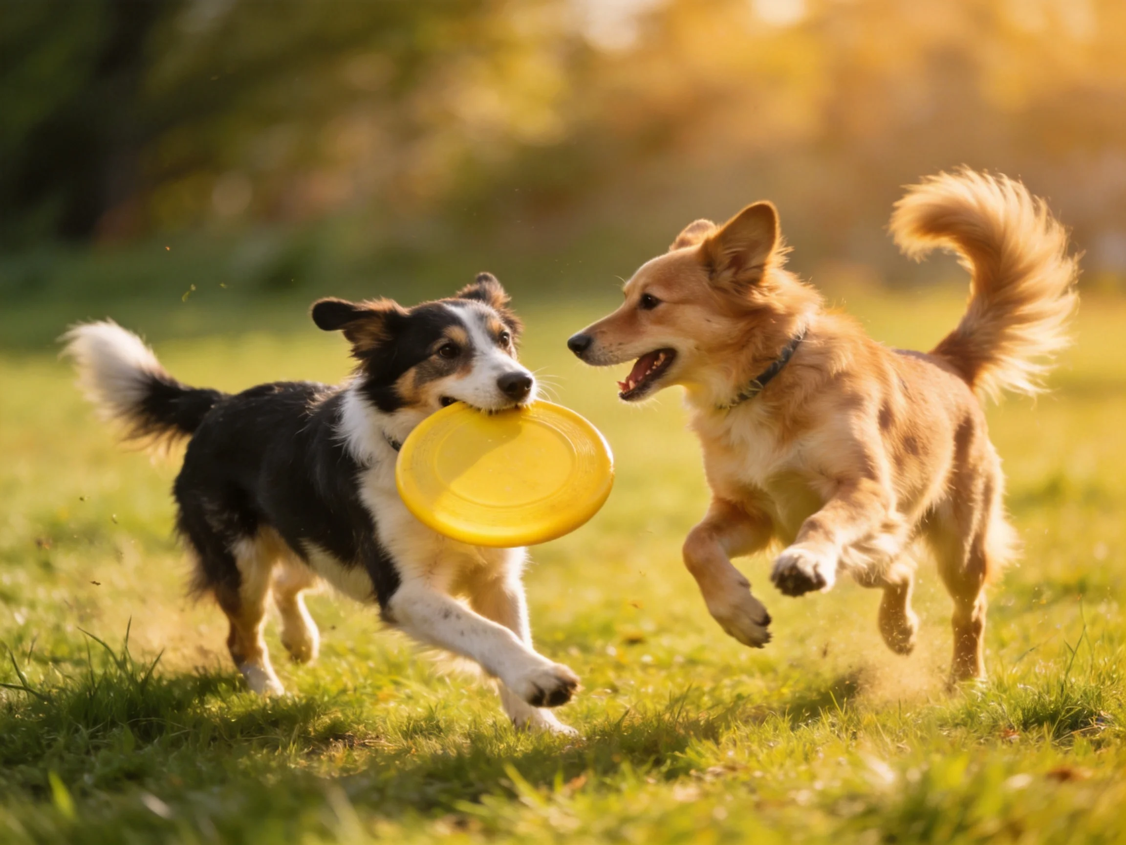 Two dogs play with a bright yellow frisbee in a sunlit grassy field