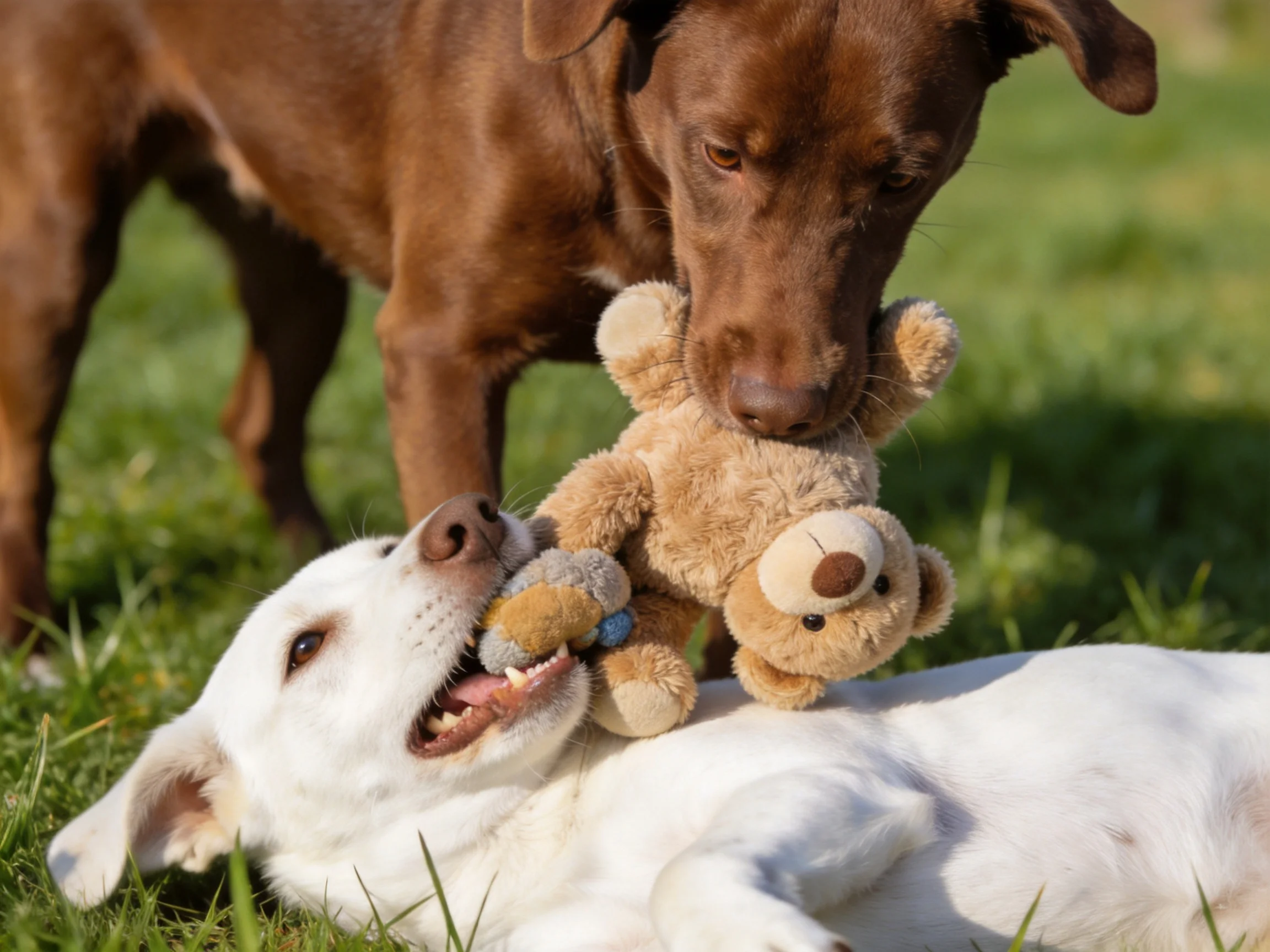 Two dogs play with a brown teddy bear on green grass