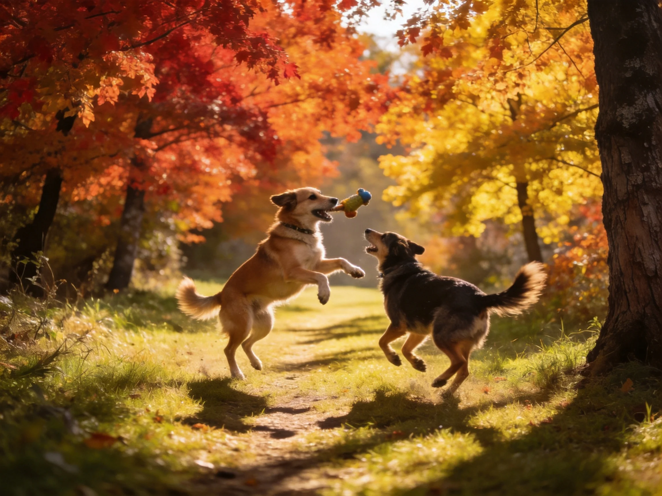 Two dogs play with a toy among colorful autumn trees