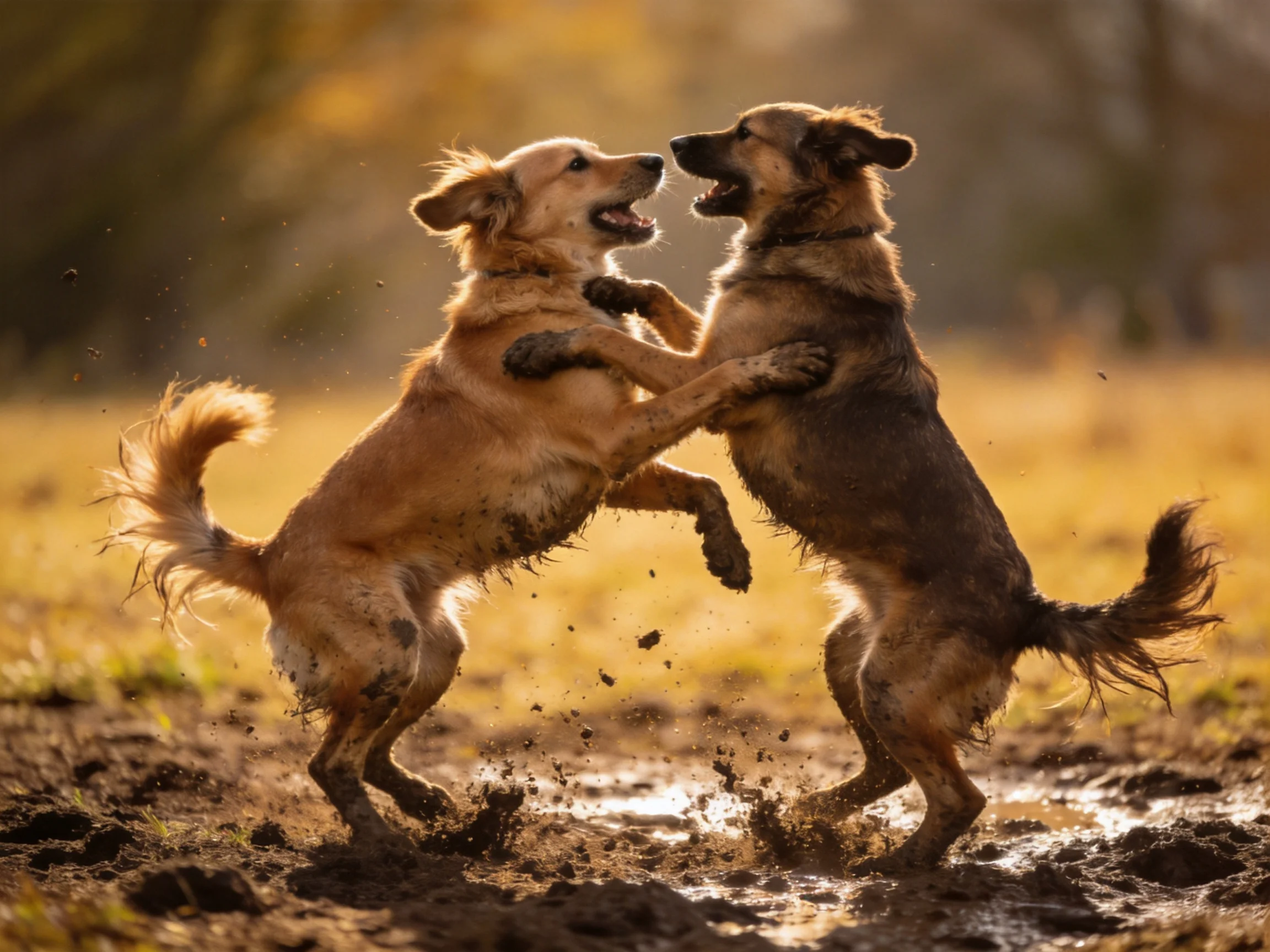 Two dogs playfully wrestle in a muddy outdoor area.