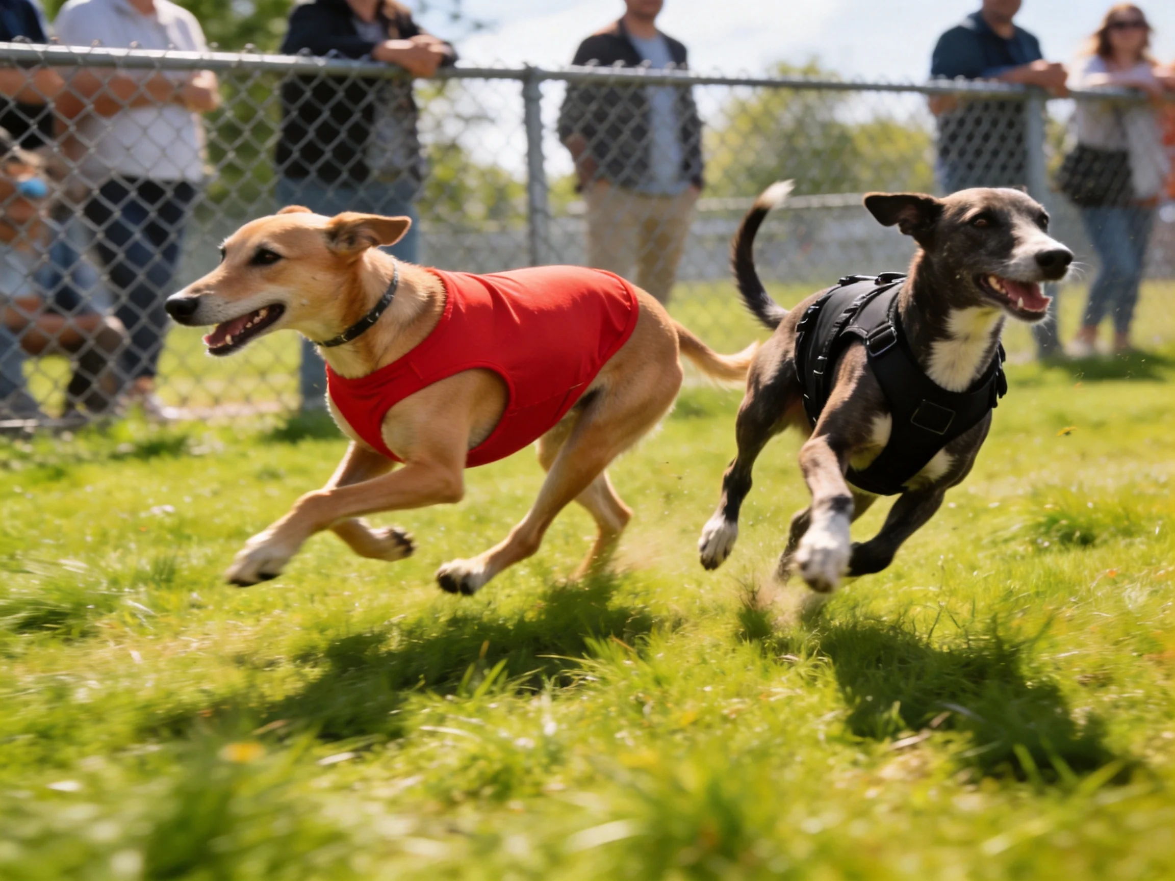 Two dogs racing in vests on a grassy field with spectators