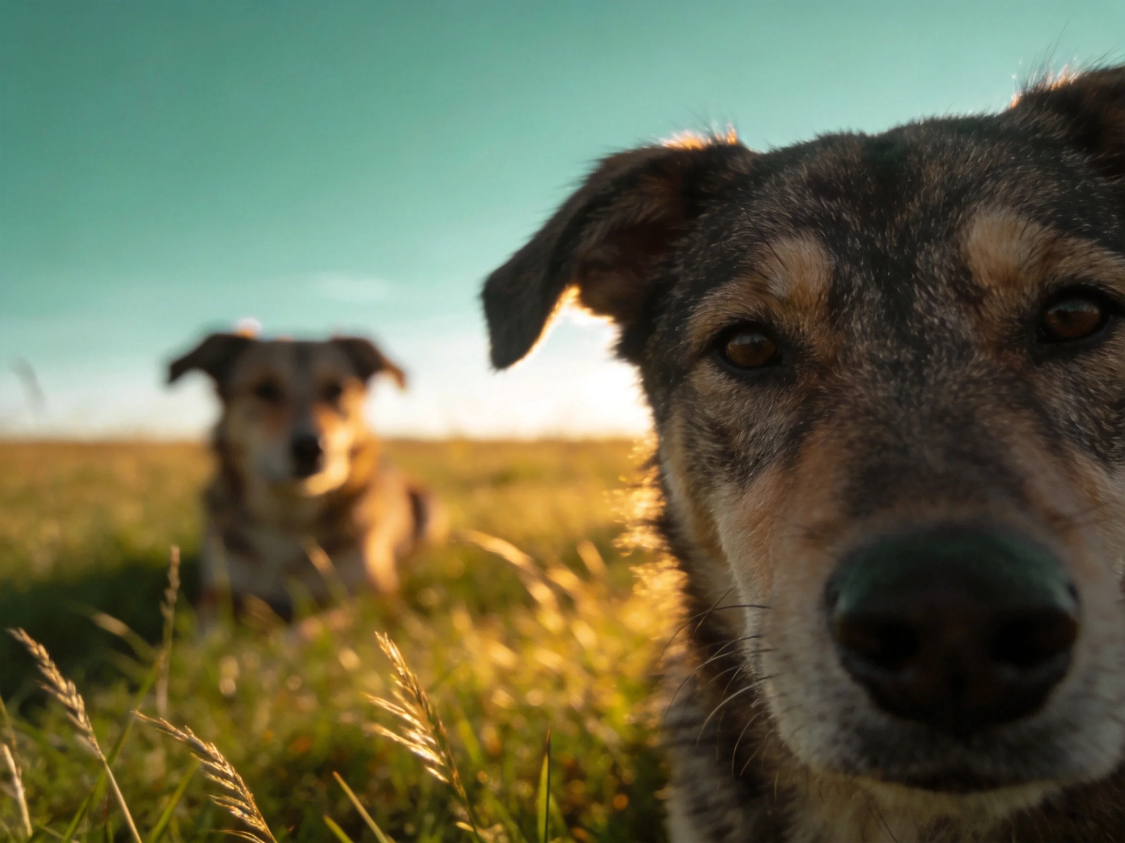 Two dogs rest in a sunlit grassy field.