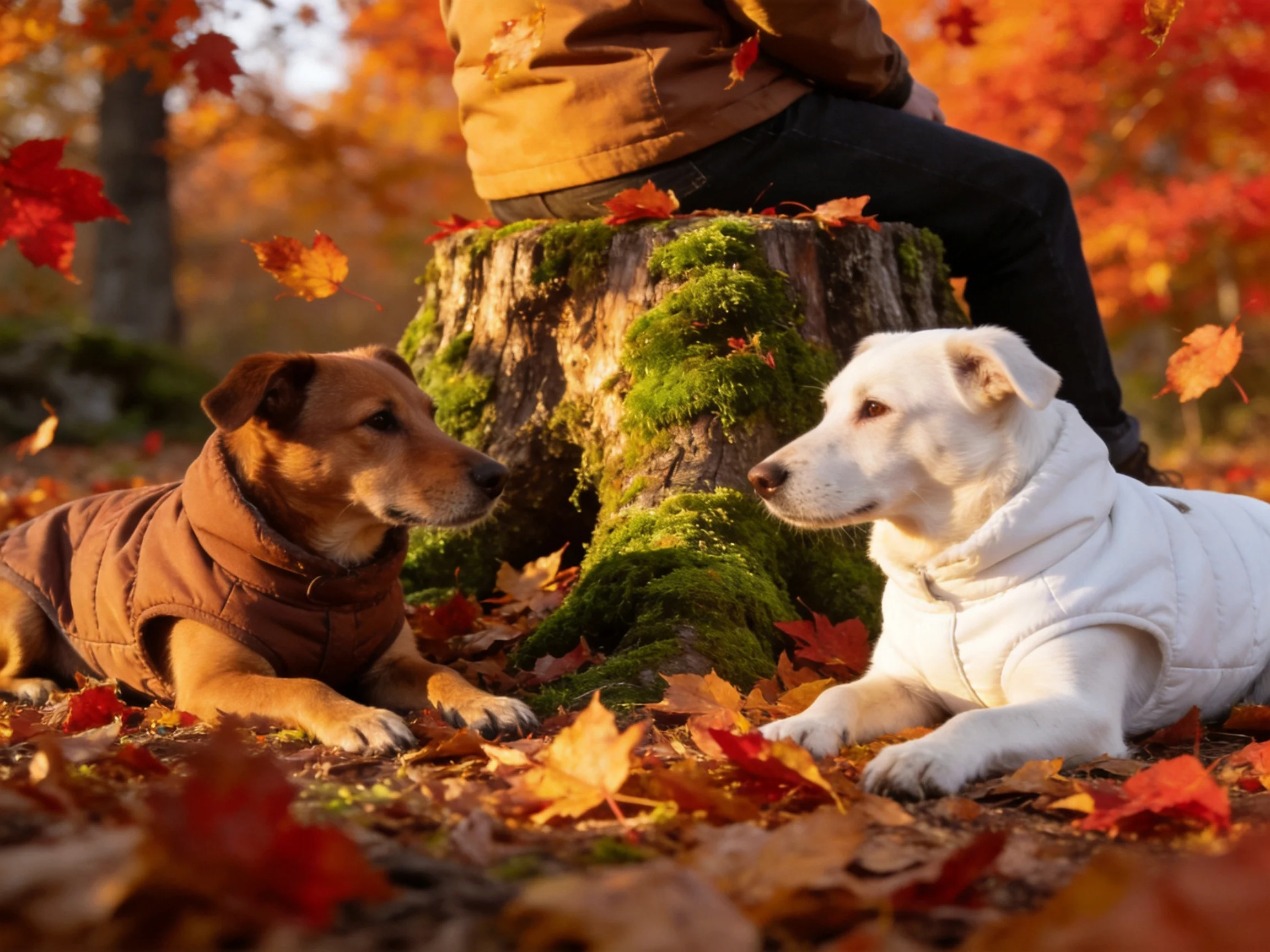 Two dogs rest near a mossy tree stump amid falling autumn leaves