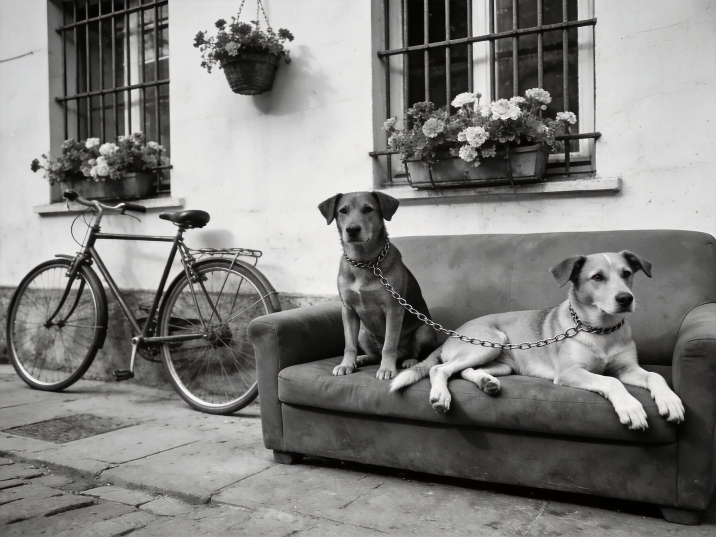 Two dogs rest on a couch near a vintage bicycle with flower-decorated windows