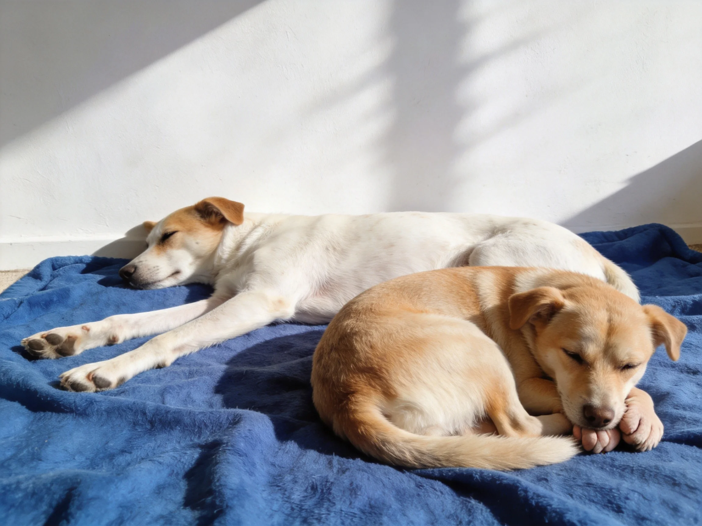 Two dogs sleep on a blue blanket in a sunlit area.