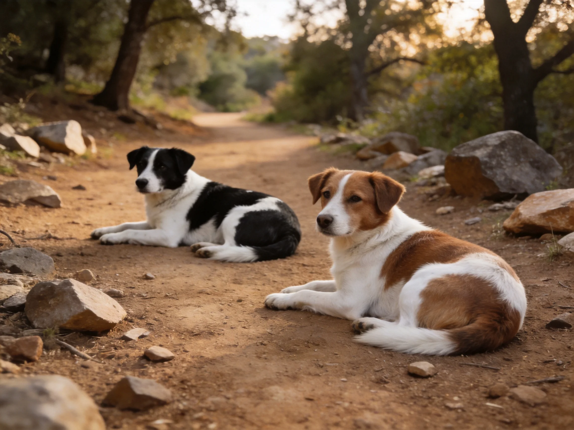 Two dogs rest on a rocky dirt path in a wooded area.