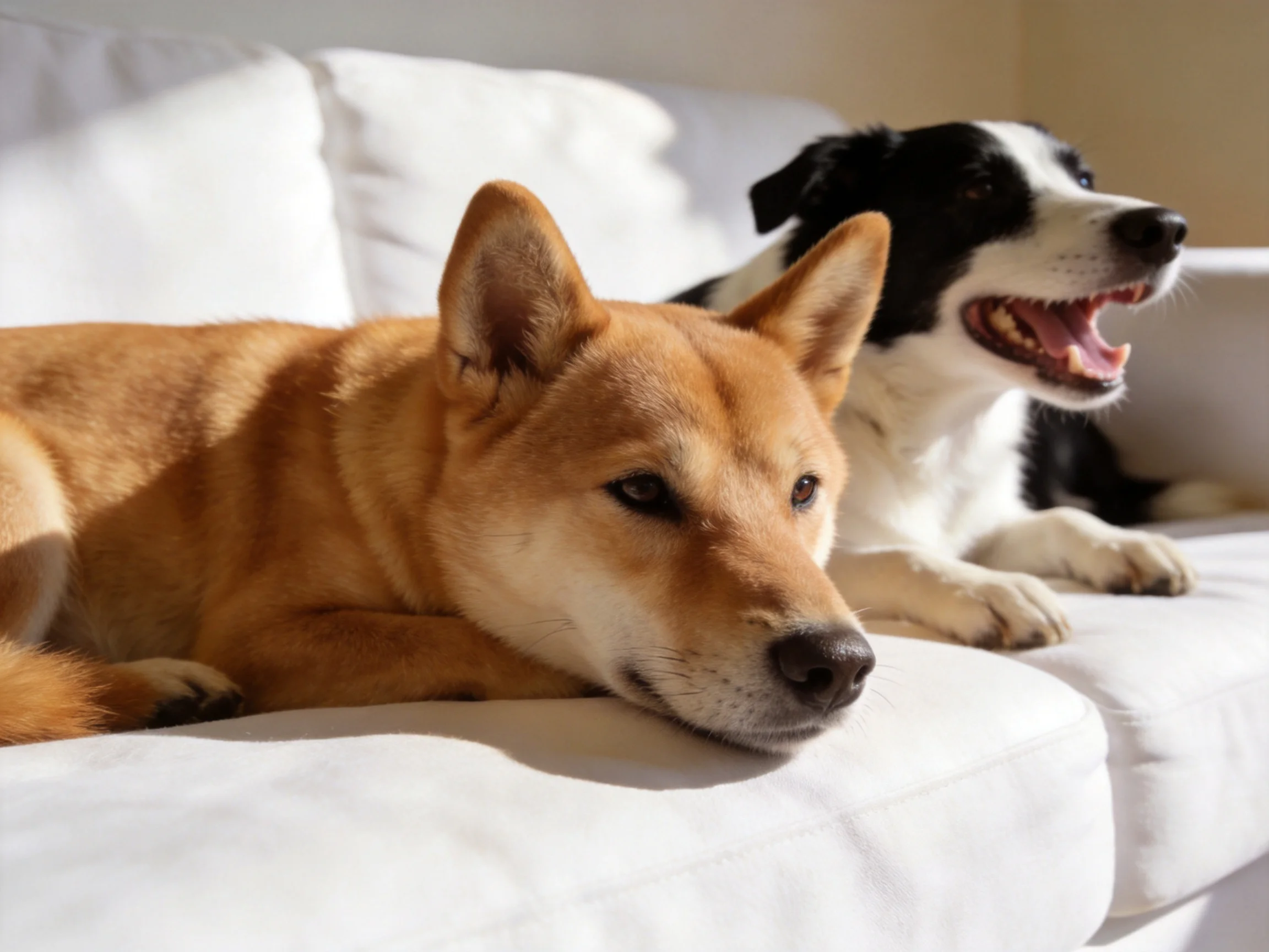 Two dogs rest on a white couch, one tan, one black and white