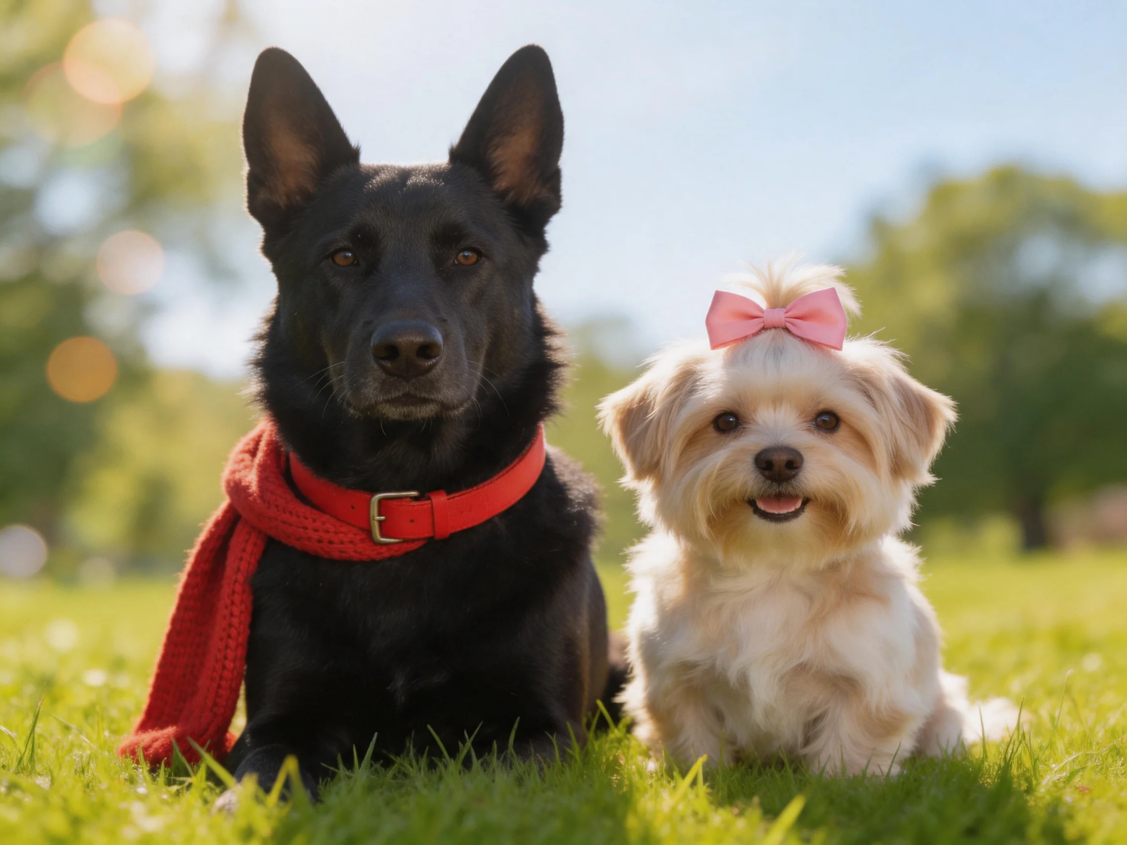 Two dogs sit together on grass in a sunny outdoor setting.