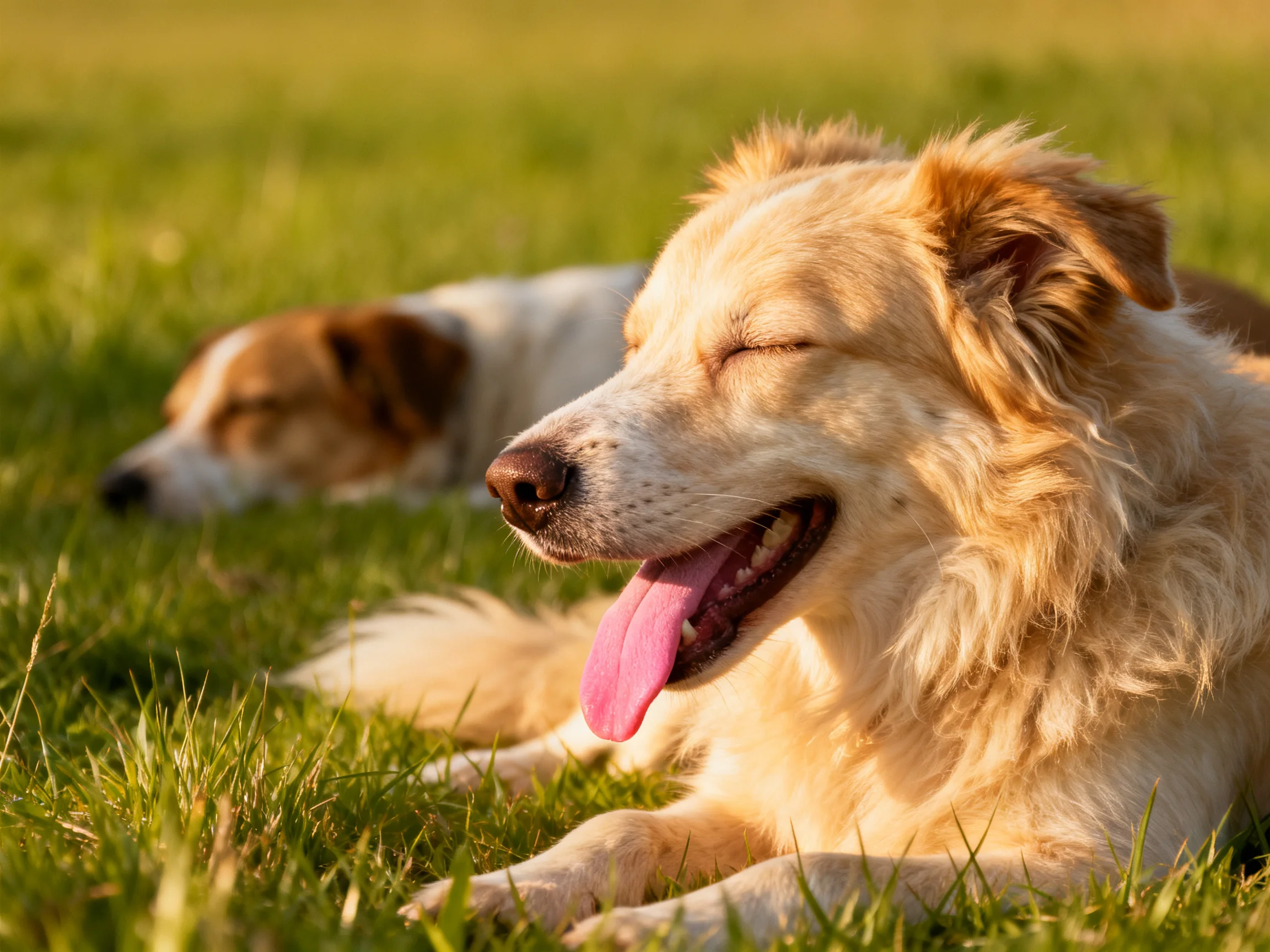Two dogs relax on sunlit grass in a outdoor setting.