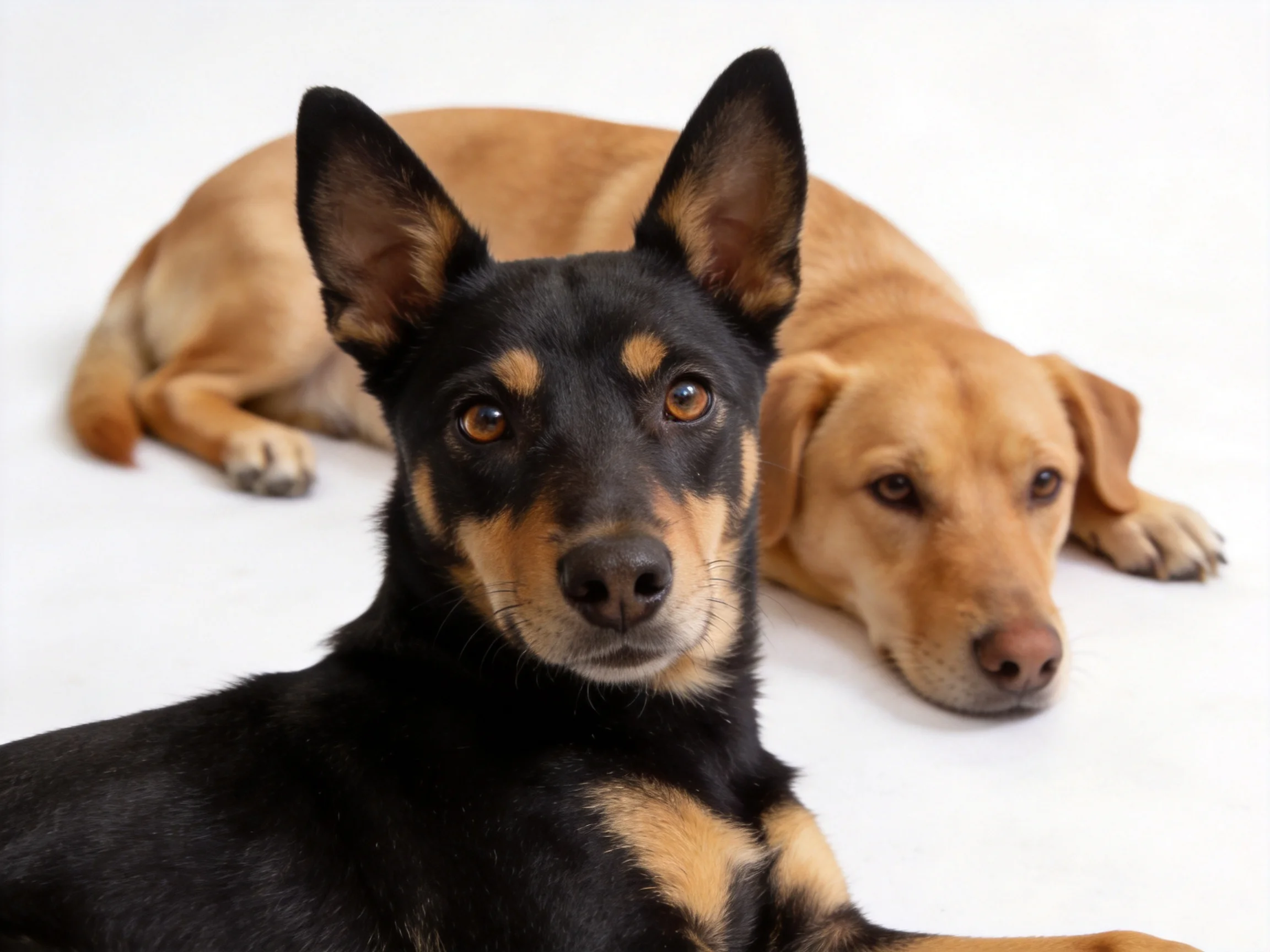 Two dogs rest, one black and tan, the other tan