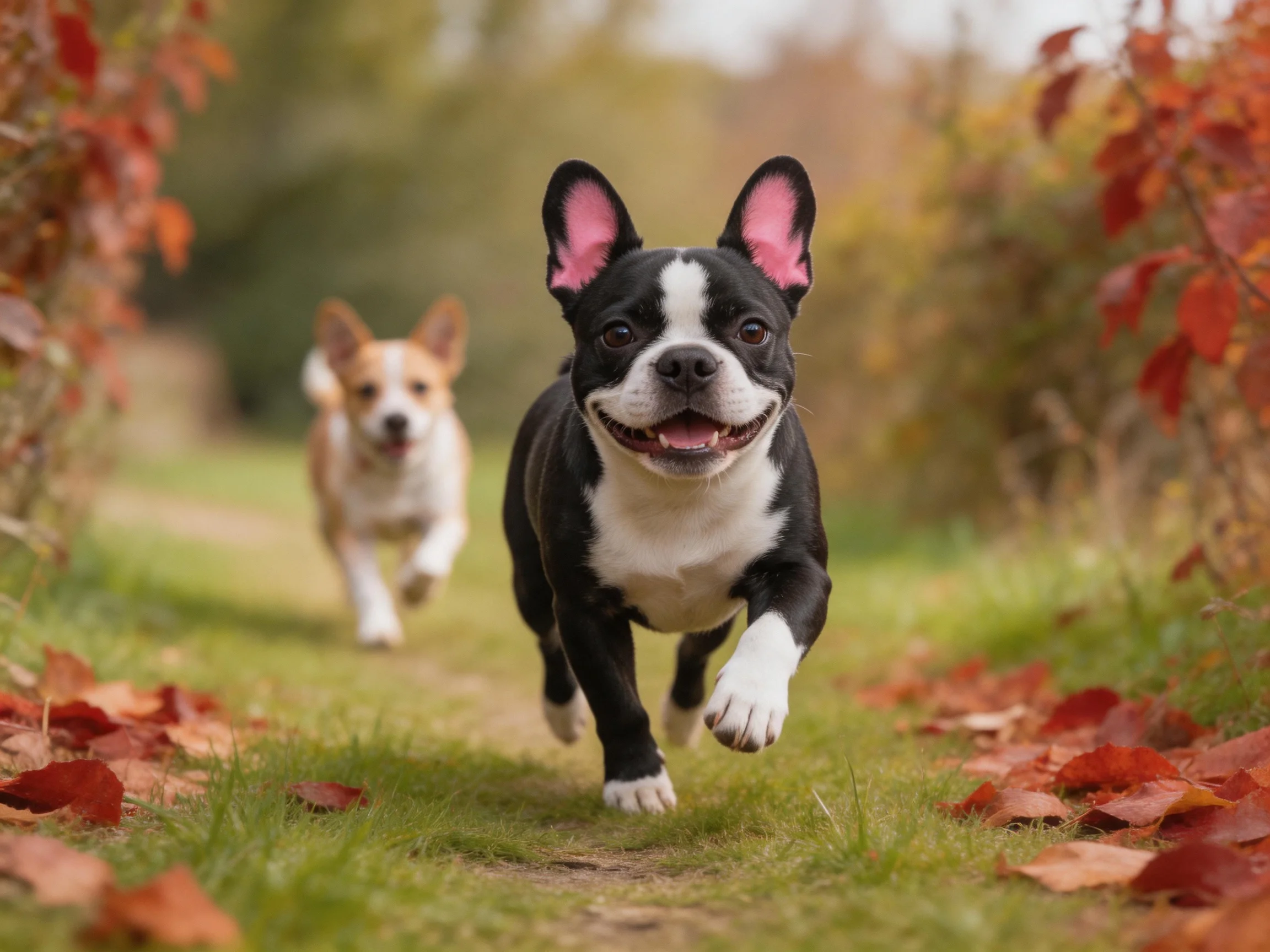 Two dogs run together on a leafy autumn path