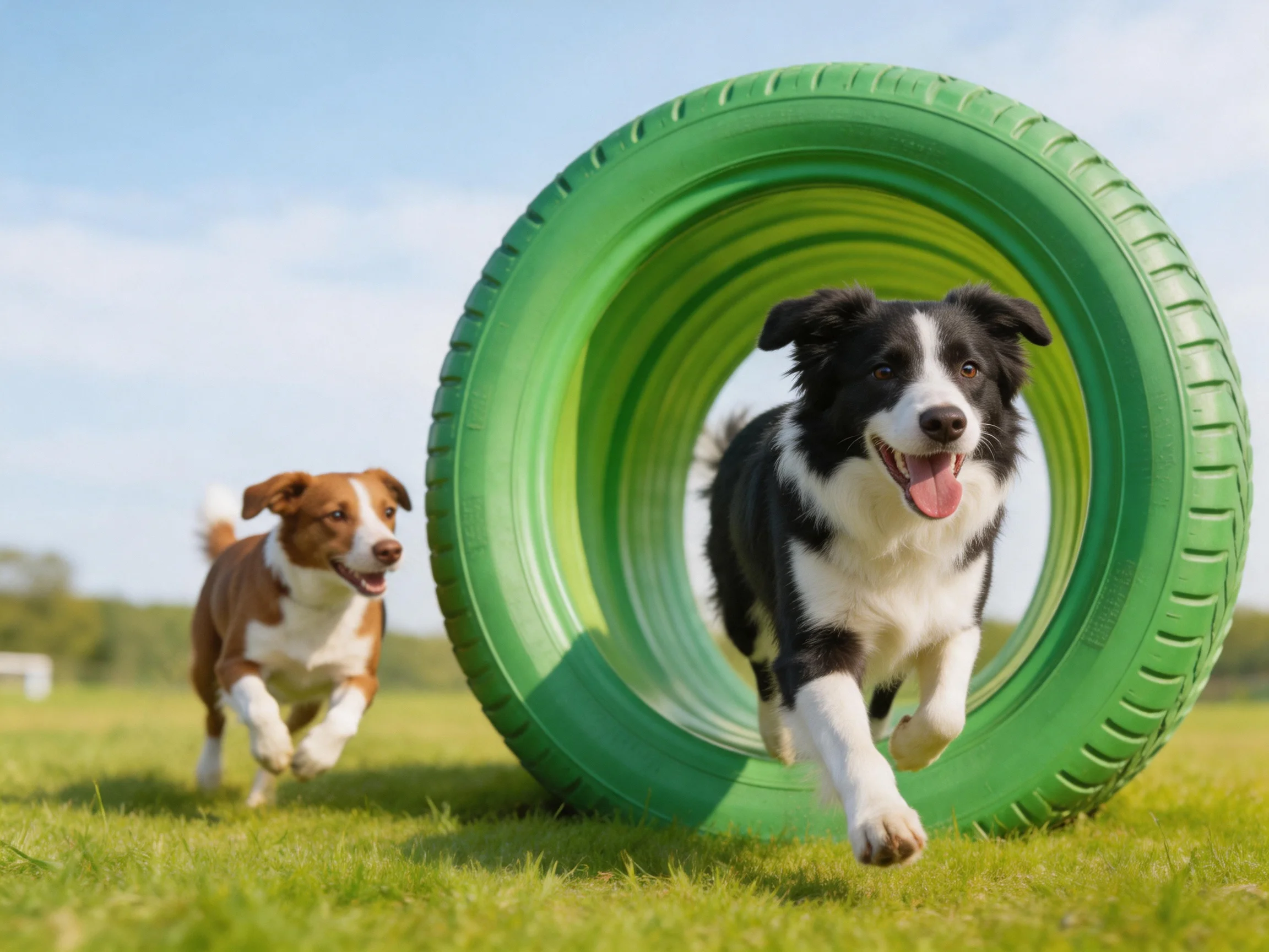 Two dogs run near a large green agility tire outdoors.