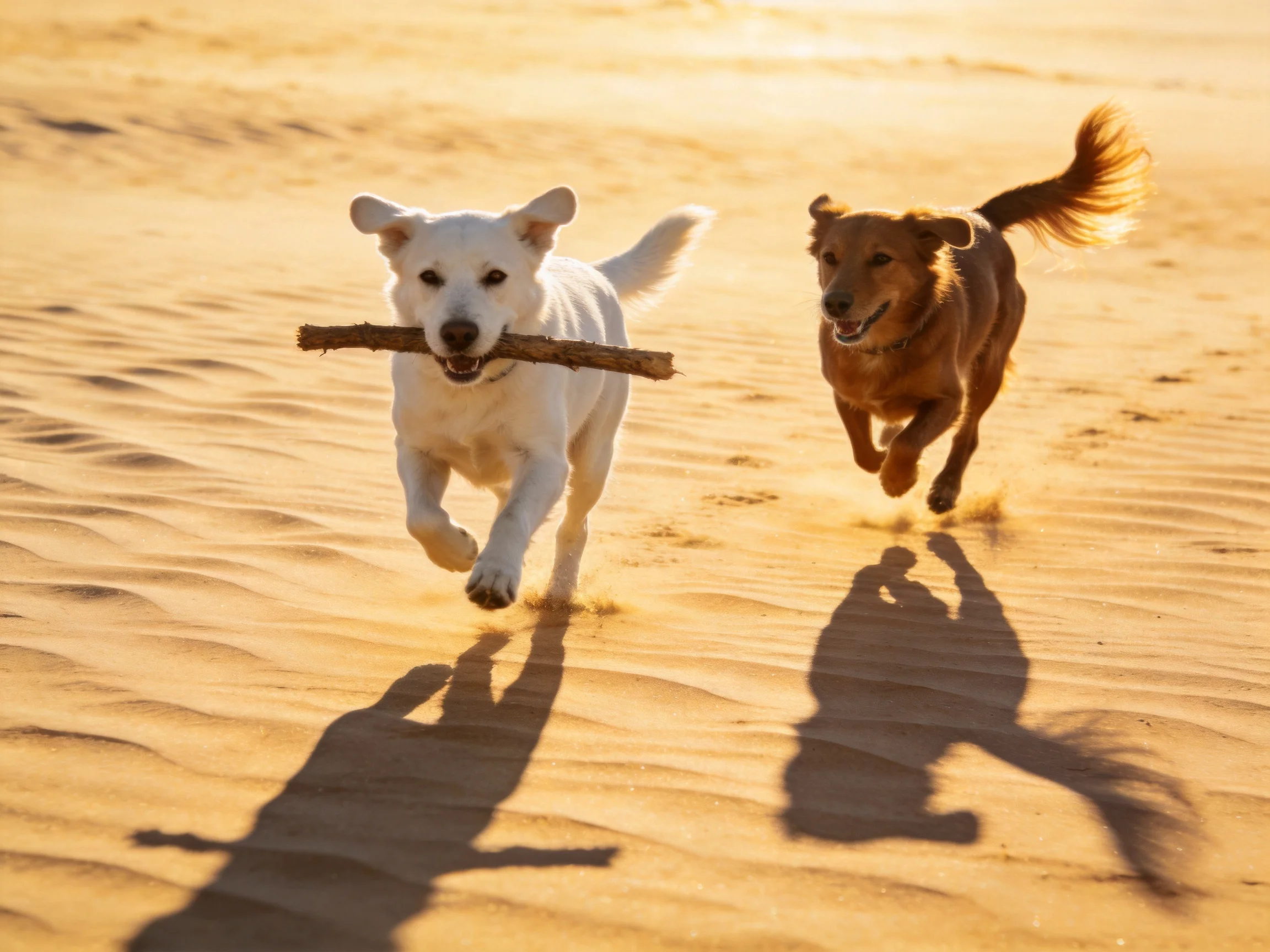 Two dogs run on golden sand, one carrying a wooden stick