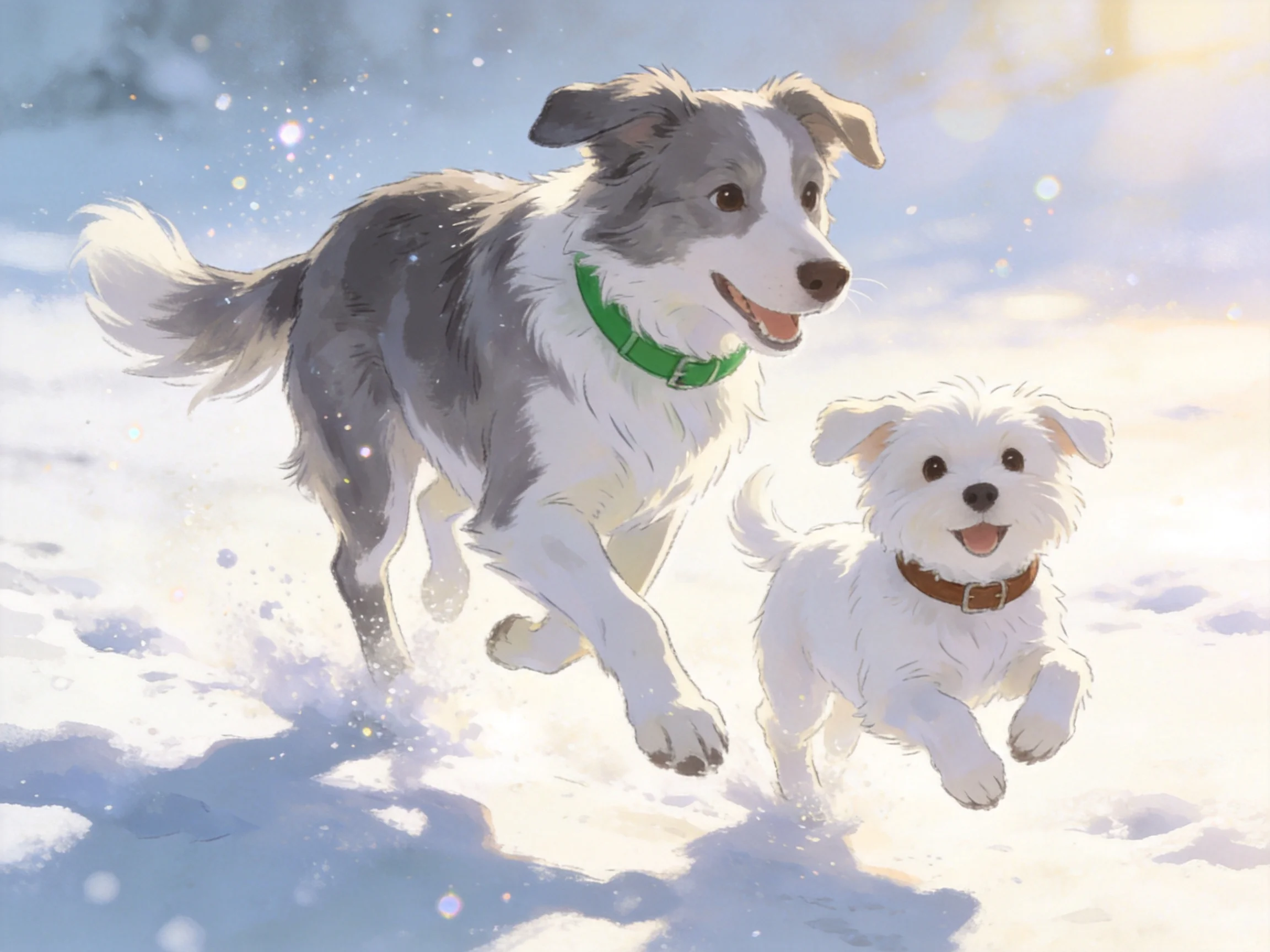 Two dogs running joyfully through a snowy landscape