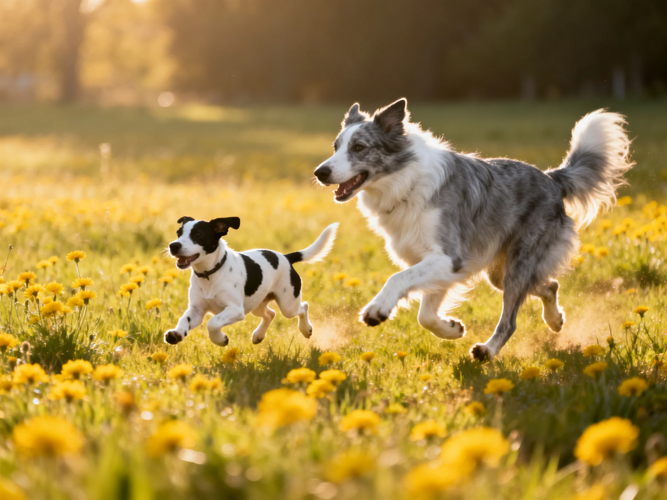 Two dogs running through a field of yellow dandelions in golden light