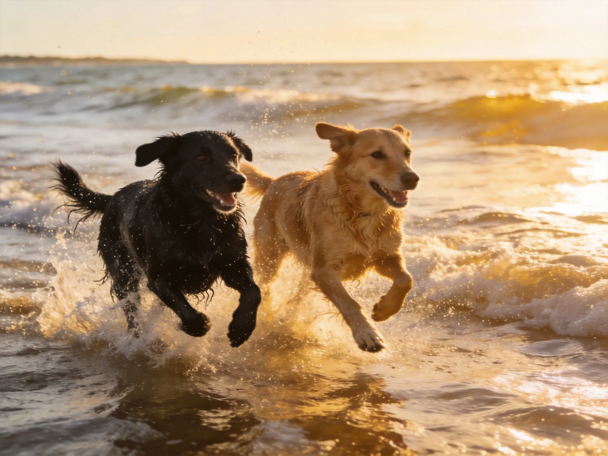 Two dogs running through ocean waves at sunset