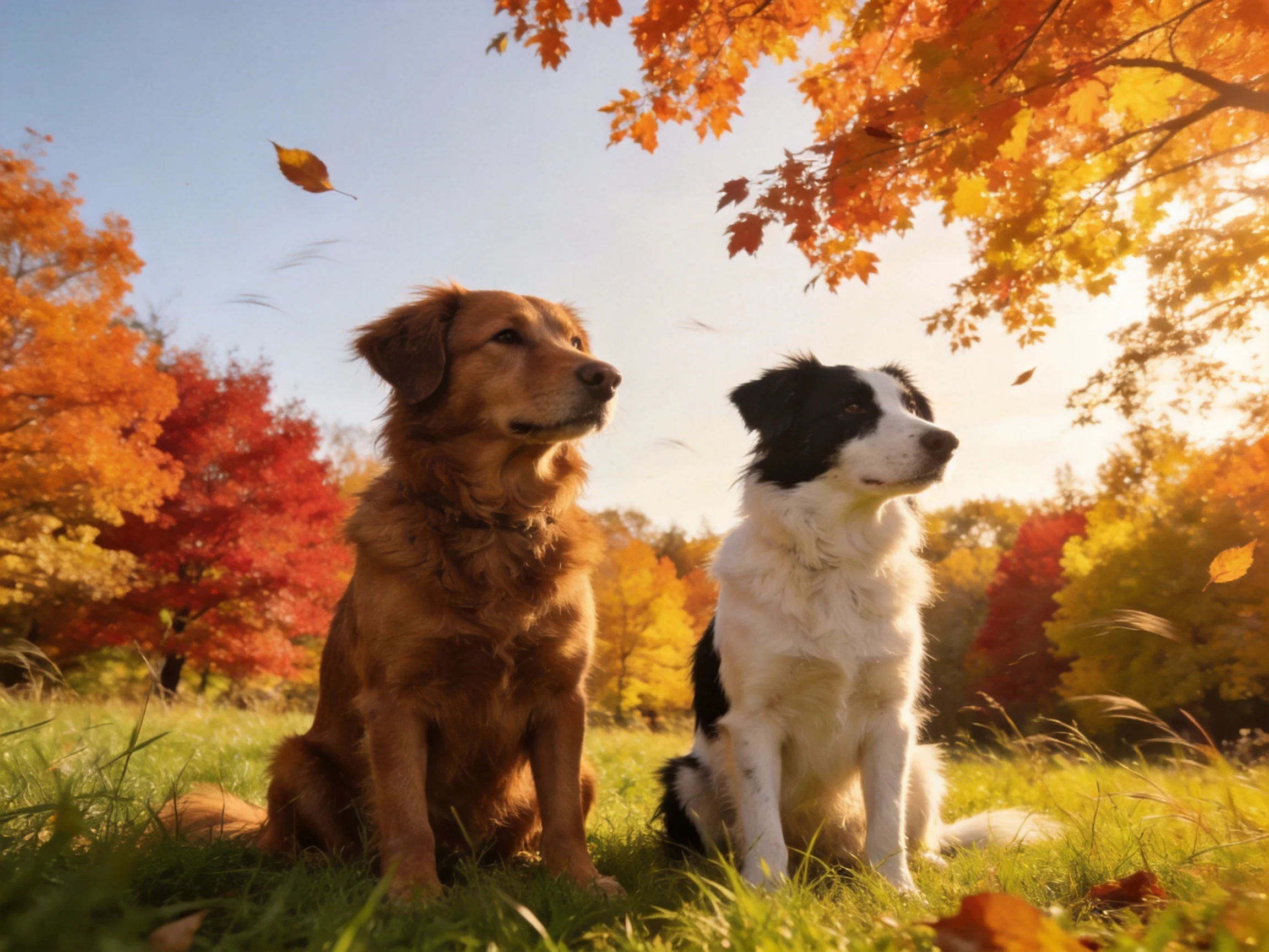 Two dogs sit among vibrant autumn trees under sunny skies