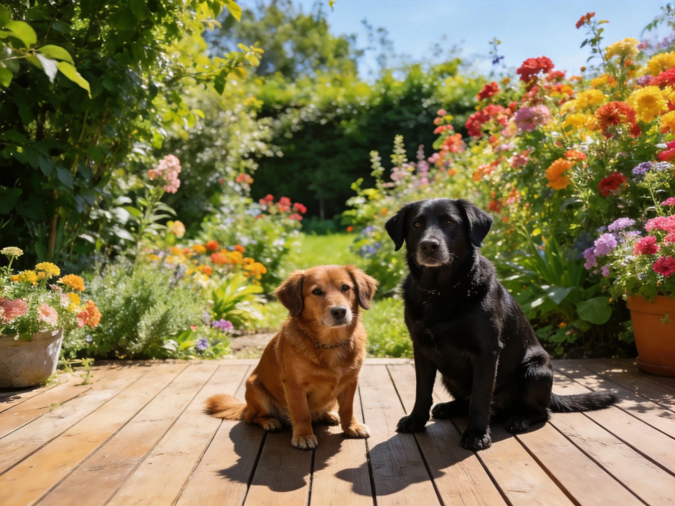 Two dogs sit on a wooden deck surrounded by vibrant flower gardens