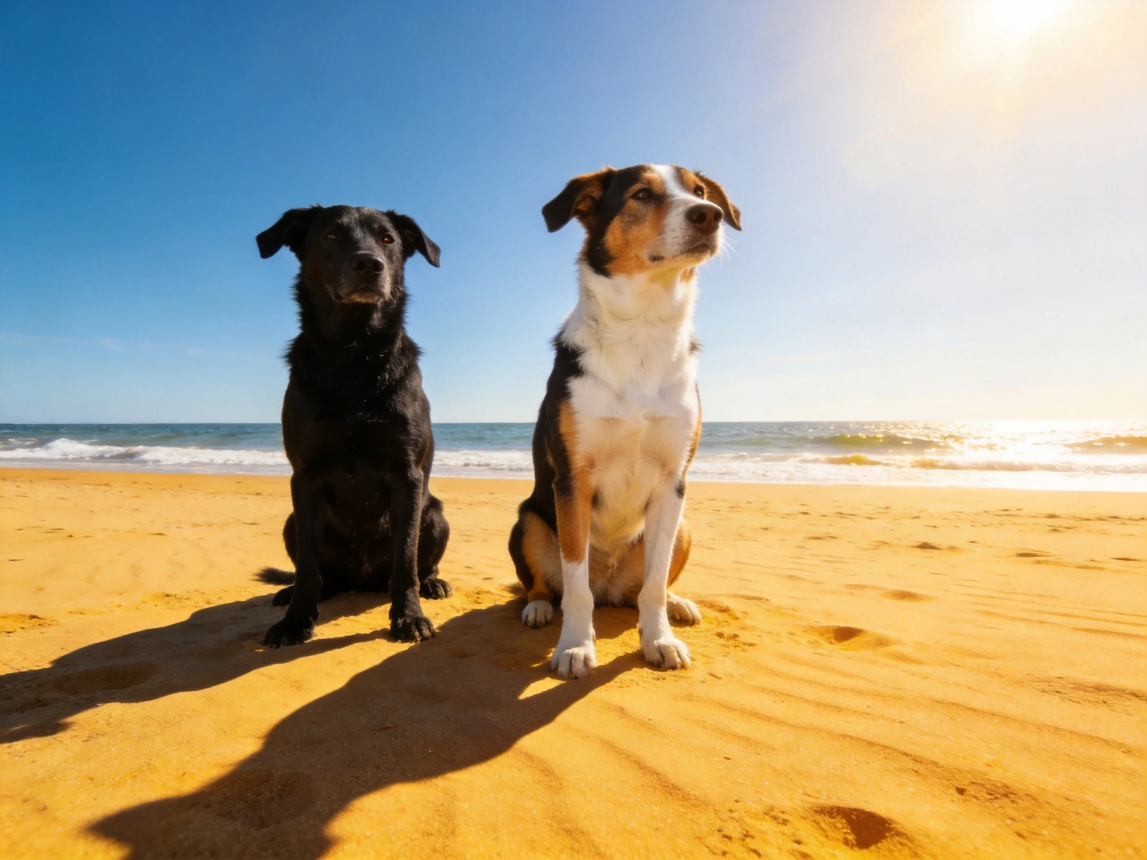 Two dogs sit on golden sand by the blue ocean shore