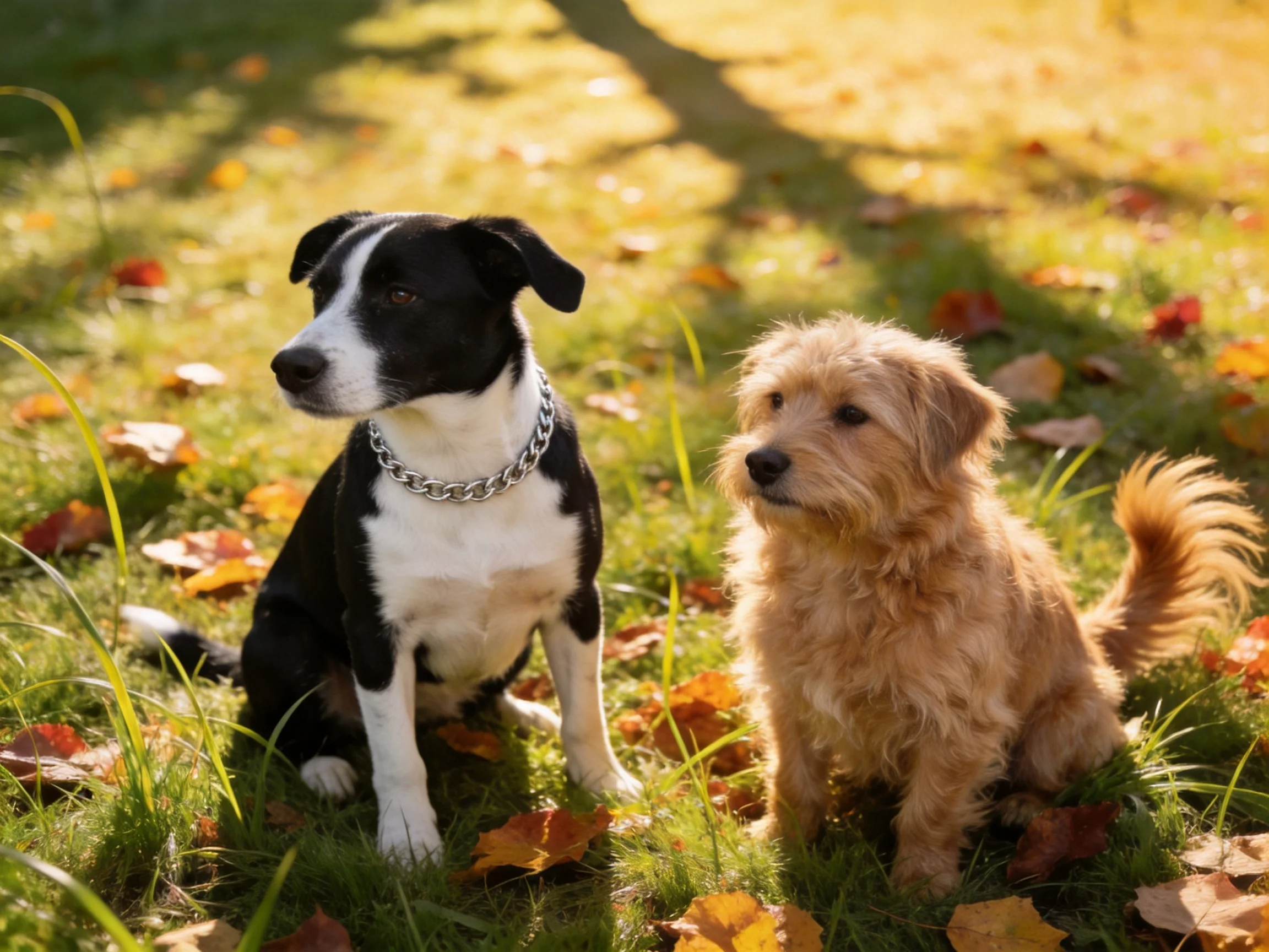 Two dogs sit on grass among autumn leaves, one black and white, one brown